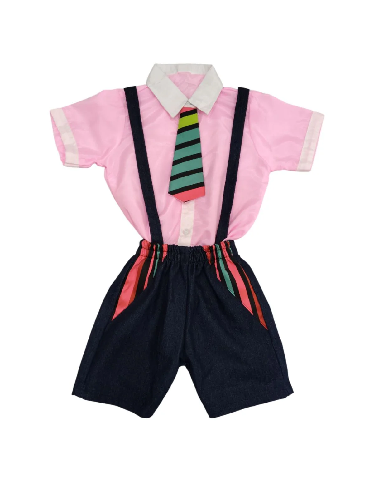 Boy Dangri Style Costume Set | Pink Shirt with Denim Dangri Style Shorts & Colorful Tie | Fancy Dress Costume for Role Play | Boys - Image 5