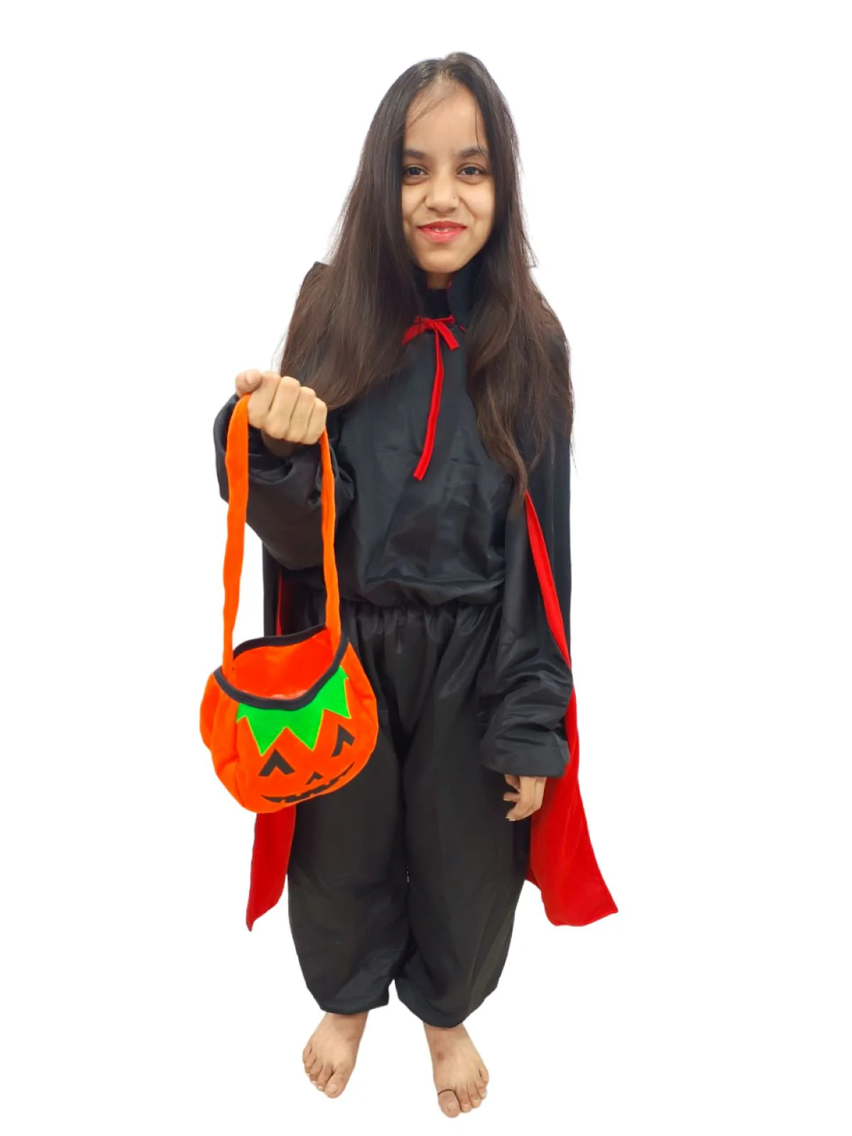 Buy Black & Red Reversible Dracula Vampire Cape Cloak with Pumpkin Basket Halloween Party Costume Accessory for Boys & Girls - Image 2