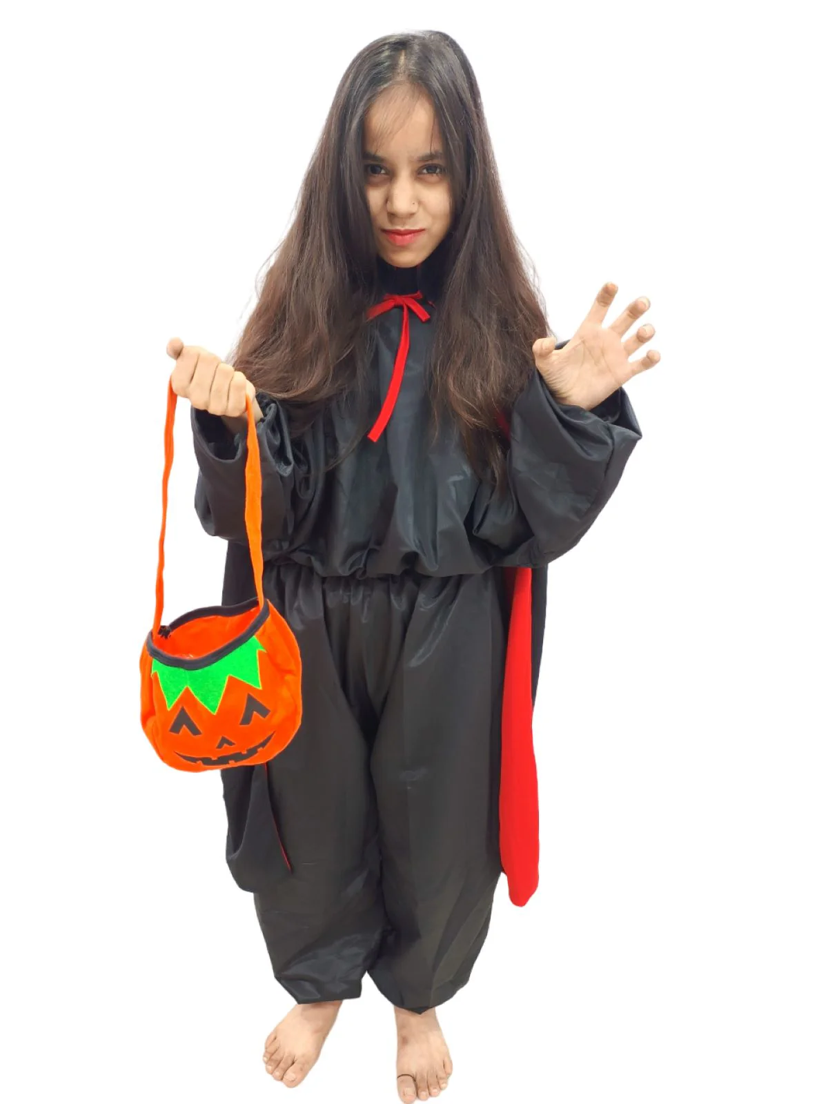 Buy Black & Red Reversible Dracula Vampire Cape Cloak with Pumpkin Basket Halloween Party Costume Accessory for Boys & Girls - Image 5