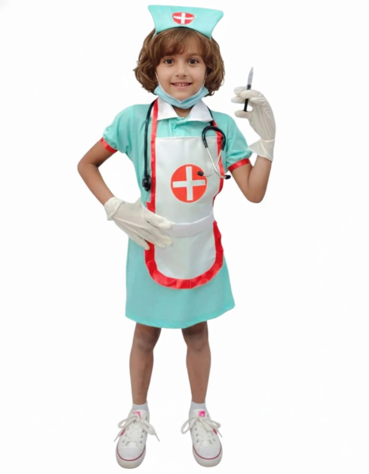 Community Helper Nurse Sister Fancy Dress Costume For Girls | Complete Set with Frock, Apron, Cap, Stethoscope & Syringe – Perfect for Role Play & Kids Fancy Dress