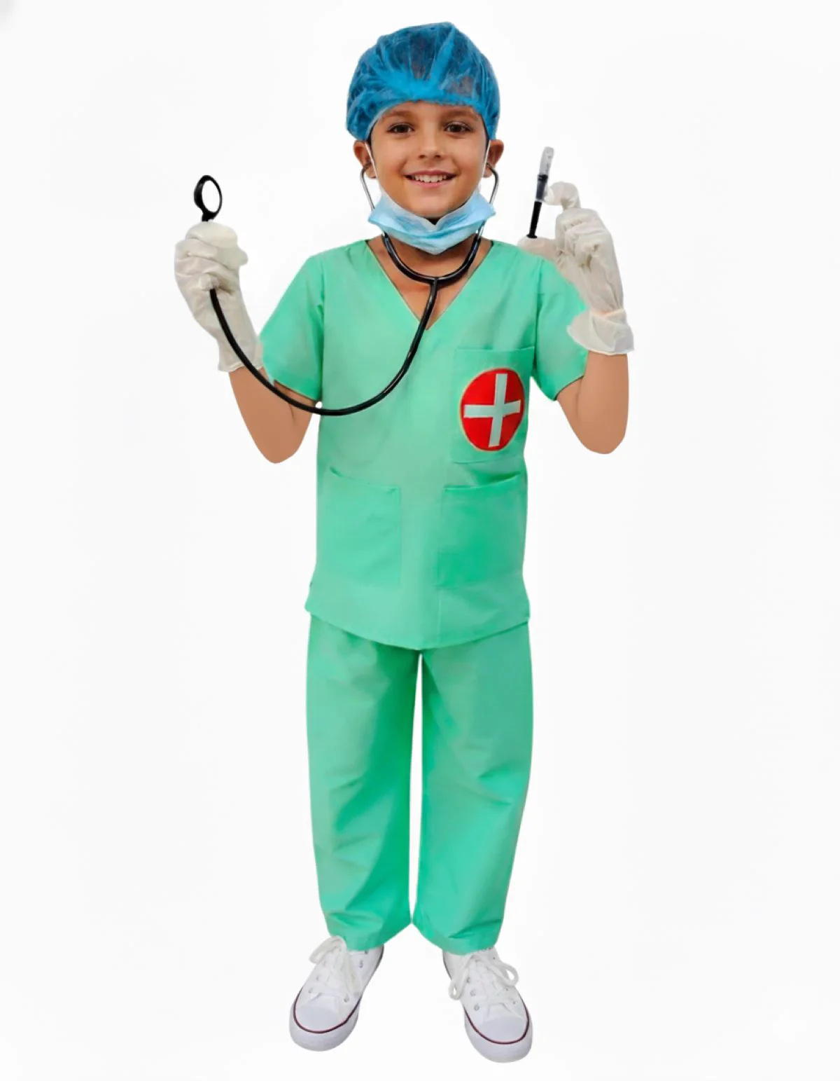 Doctor Surgeon Professional Costume with Stethoscope – Complete Medical Uniform Set with Surgical Mask, Cap, Syringe & Gloves for Kids | Perfect for Role Play & Fancy Dress