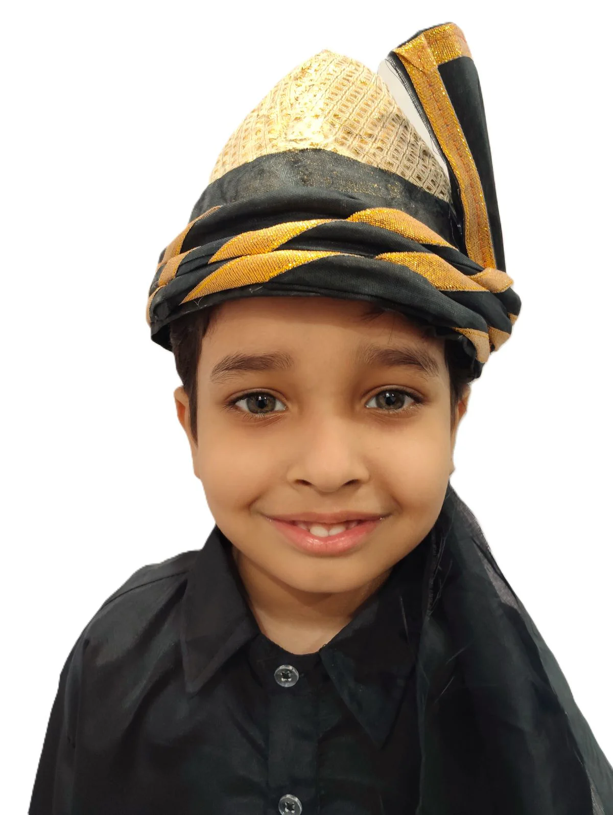 Elegant Pathani Turban with Gold and Black Accents – Traditional Fancy Dress Costume Accessory for Kids & Adults - Image 3