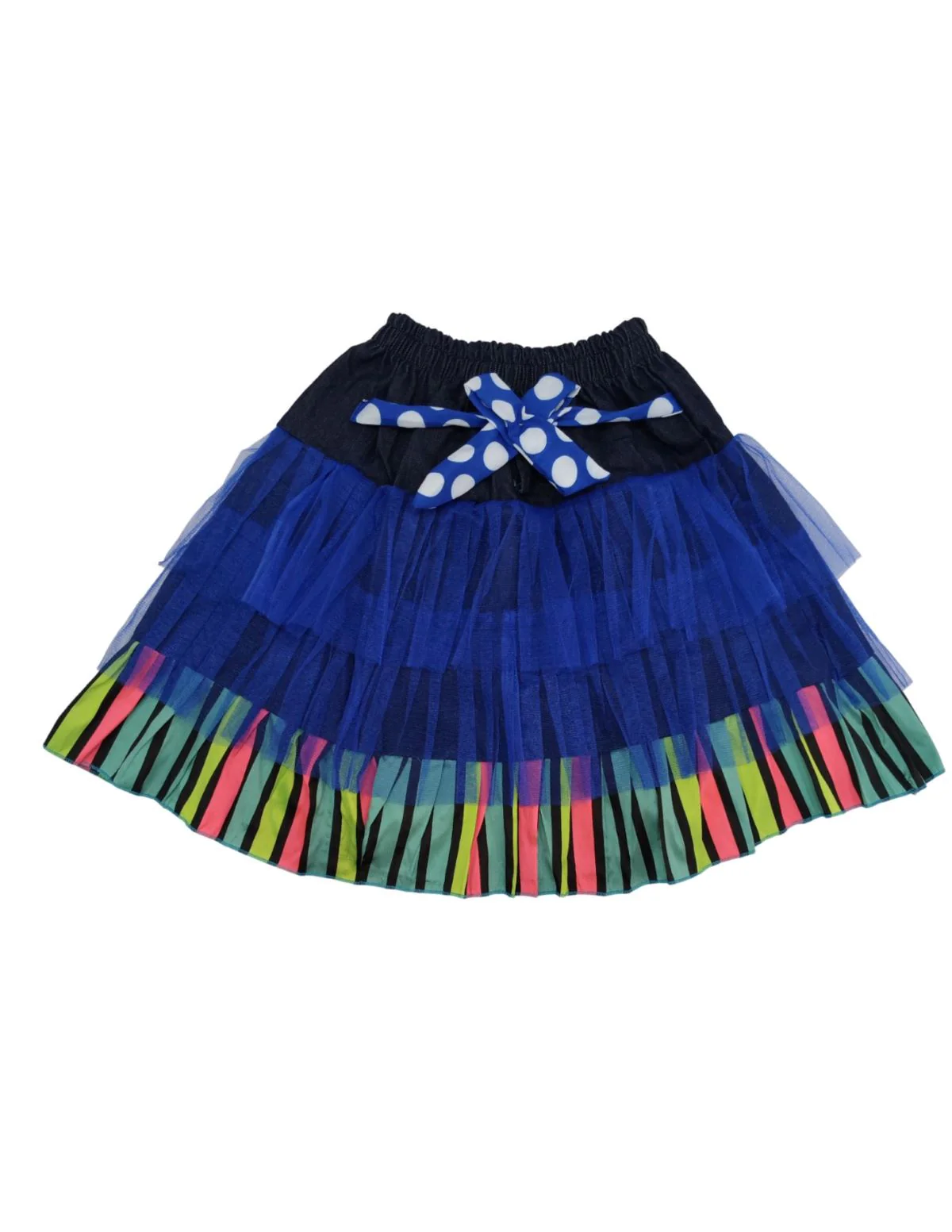 Girls Skirt and Shirt Set | Collared Top with Bow & Denim Net Flared Skirt | Formal & Casual Wear for Kids | Multicolor Striped Dress Set - Image 14