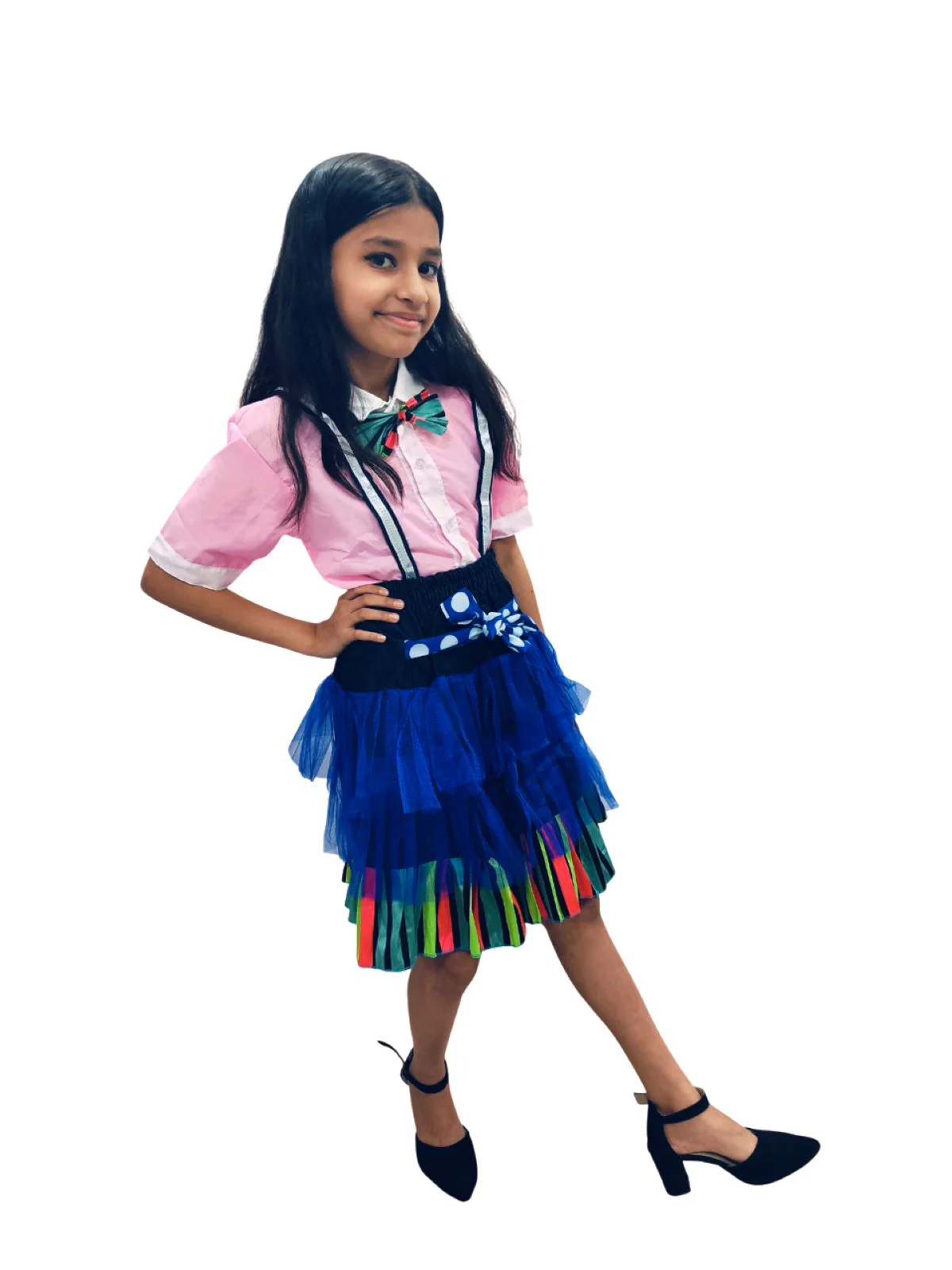 Girls Skirt and Shirt Set | Collared Top with Bow & Denim Net Flared Skirt | Formal & Casual Wear for Kids | Multicolor Striped Dress Set - Image 2