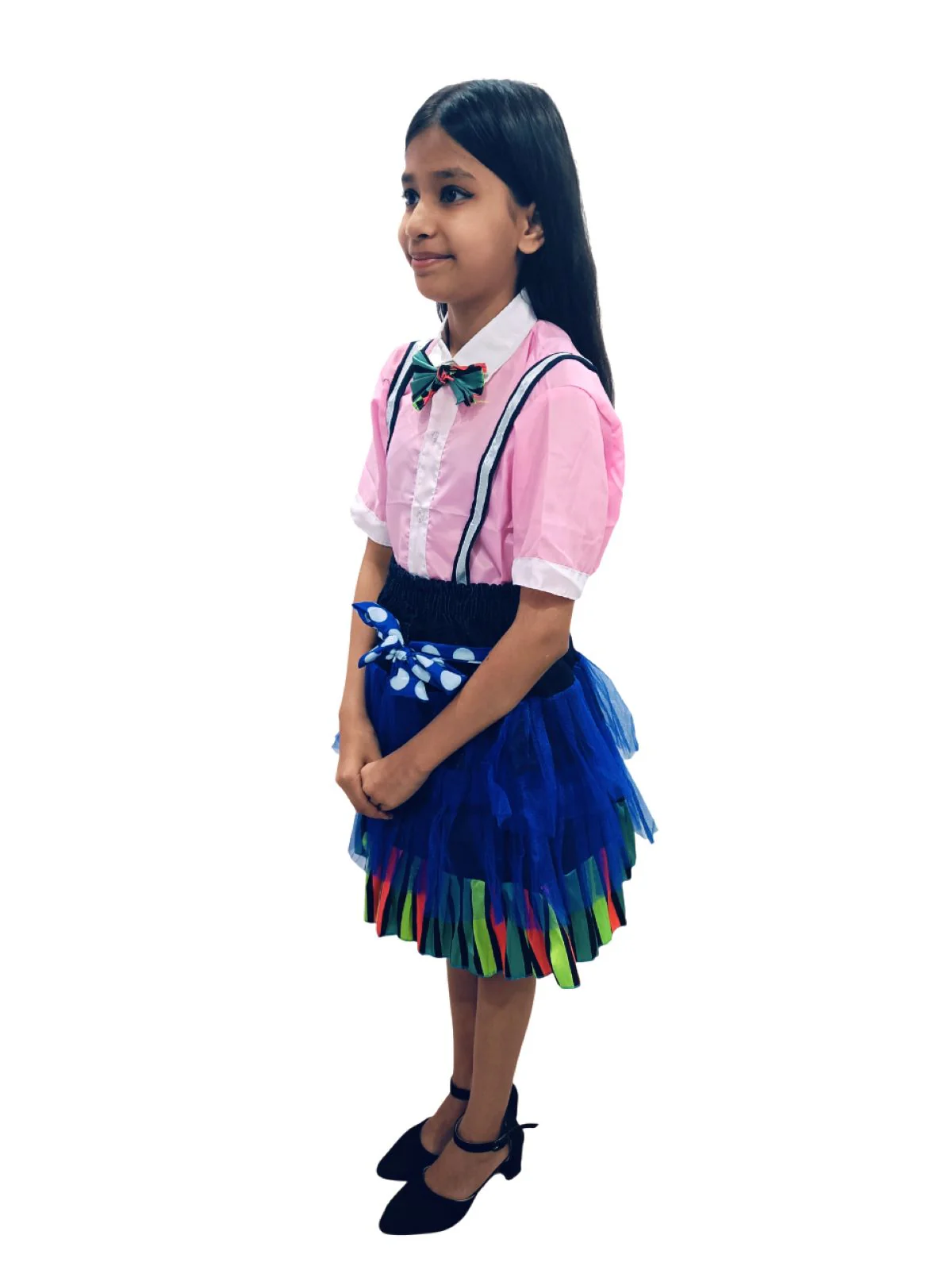 Girls Skirt and Shirt Set | Collared Top with Bow & Denim Net Flared Skirt | Formal & Casual Wear for Kids | Multicolor Striped Dress Set - Image 3