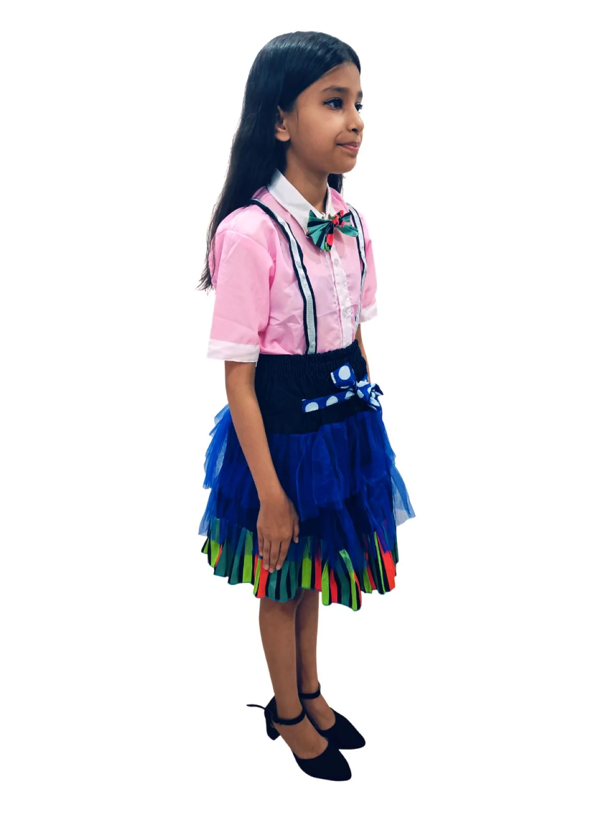 Girls Skirt and Shirt Set | Collared Top with Bow & Denim Net Flared Skirt | Formal & Casual Wear for Kids | Multicolor Striped Dress Set - Image 4