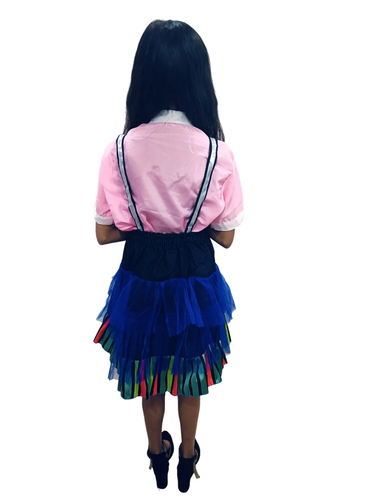 Girls Skirt and Shirt Set | Collared Top with Bow & Denim Net Flared Skirt | Formal & Casual Wear for Kids | Multicolor Striped Dress Set - Image 5