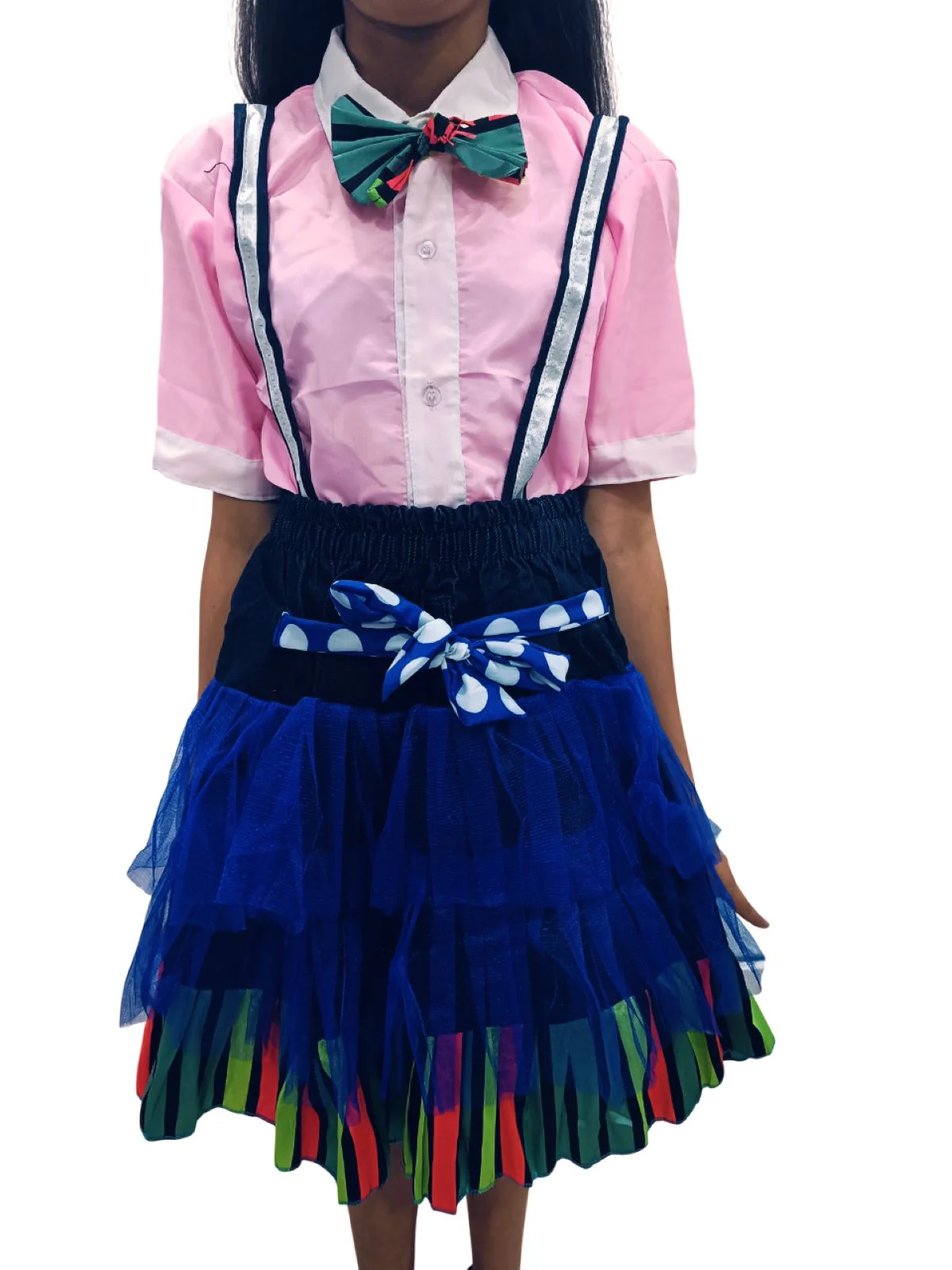 Girls Skirt and Shirt Set | Collared Top with Bow & Denim Net Flared Skirt | Formal & Casual Wear for Kids | Multicolor Striped Dress Set - Image 6