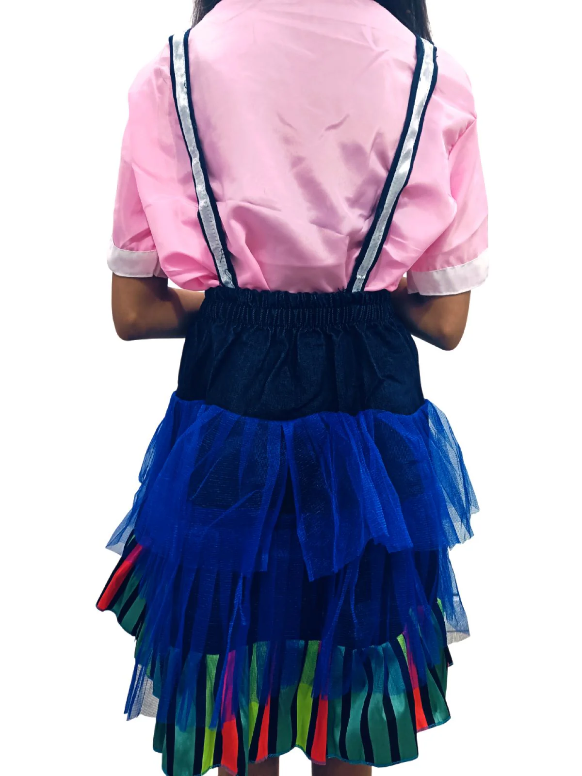Girls Skirt and Shirt Set | Collared Top with Bow & Denim Net Flared Skirt | Formal & Casual Wear for Kids | Multicolor Striped Dress Set - Image 7