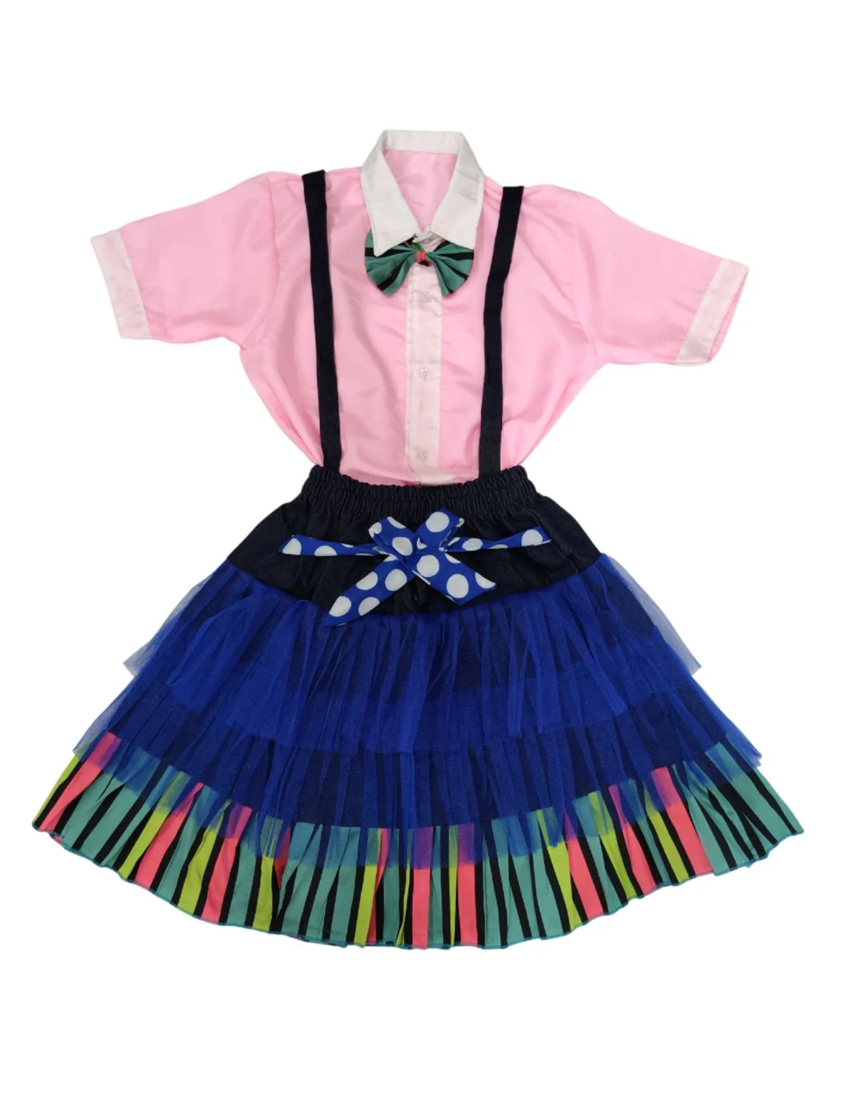 Girls Skirt and Shirt Set | Collared Top with Bow & Denim Net Flared Skirt | Formal & Casual Wear for Kids | Multicolor Striped Dress Set - Image 8