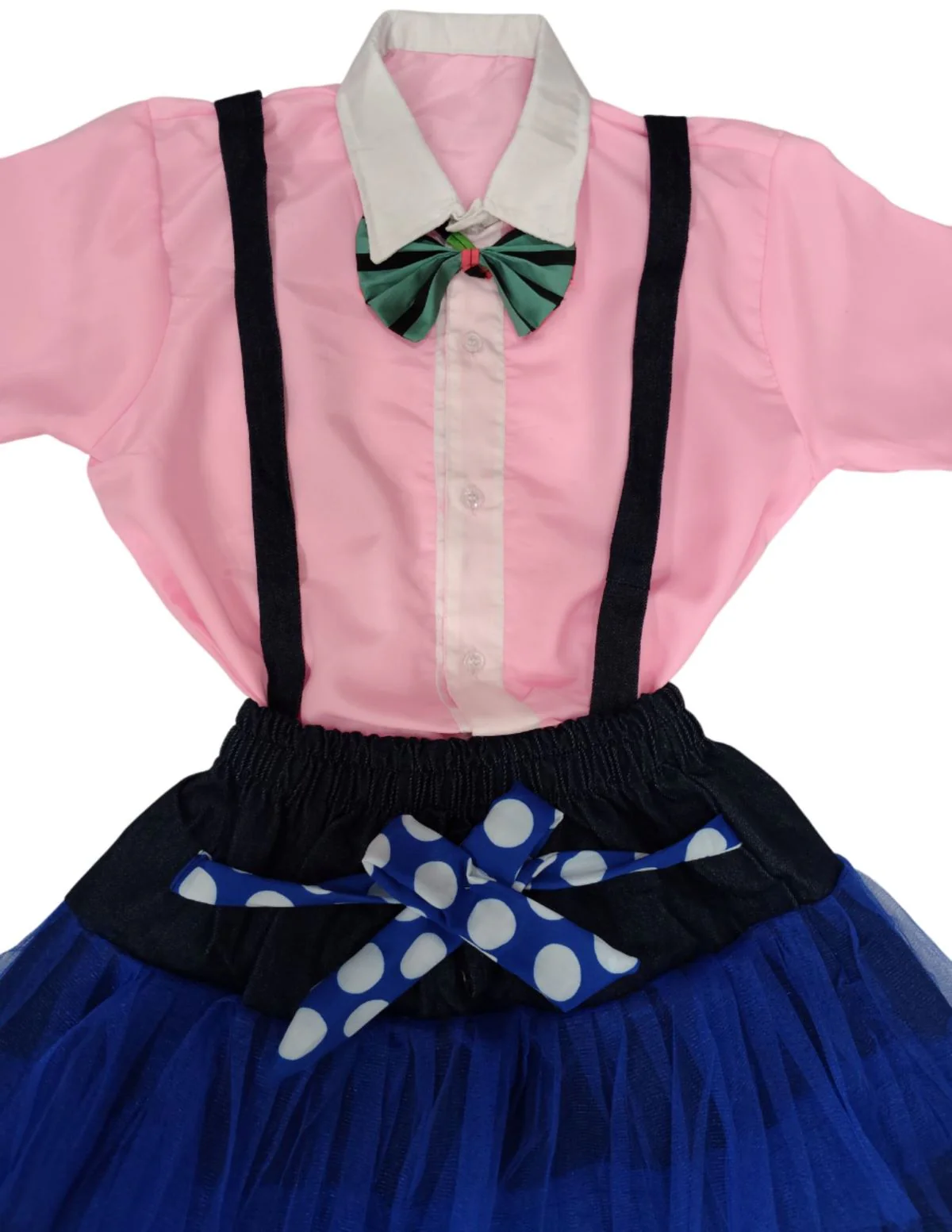 Girls Skirt and Shirt Set | Collared Top with Bow & Denim Net Flared Skirt | Formal & Casual Wear for Kids | Multicolor Striped Dress Set - Image 9