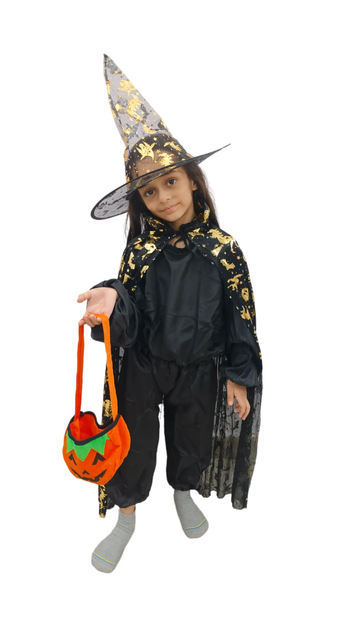 Golden and Black Witch Cape with Hat - Witch Costume for Girls with Printed witch Pumkin Design and Pumpkin Basket Combo | Halloween Costume for Girls