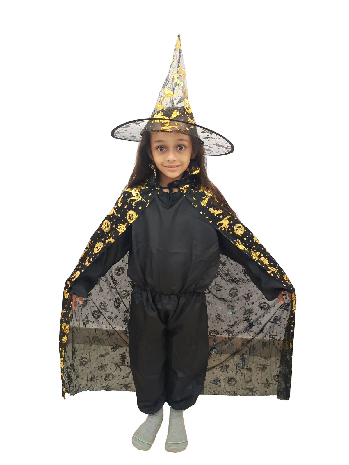 Golden and Black Witch Cape with Hat - Witch Costume for Girls with Printed witch Pumkin Design and Pumpkin Basket Combo | Halloween Costume for Girls - Image 2