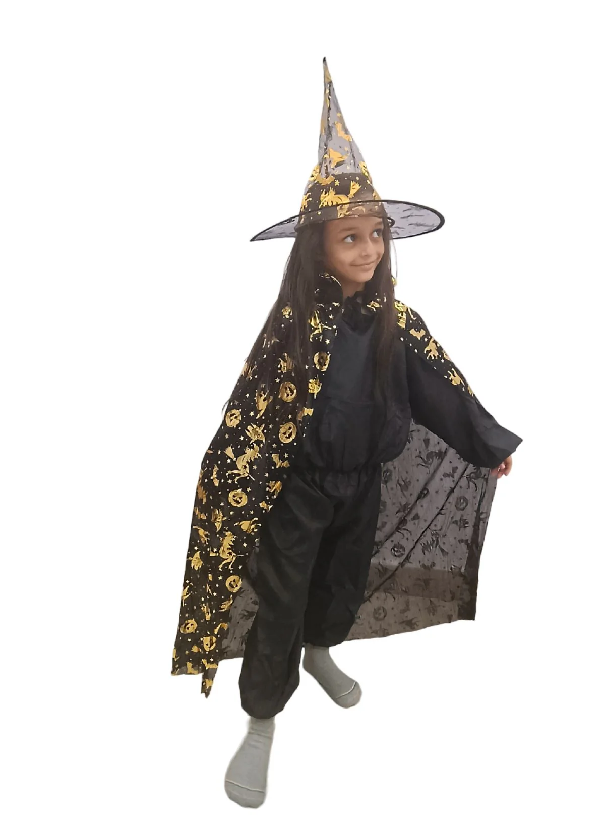 Golden and Black Witch Cape with Hat - Witch Costume for Girls with Printed witch Pumkin Design and Pumpkin Basket Combo | Halloween Costume for Girls - Image 3