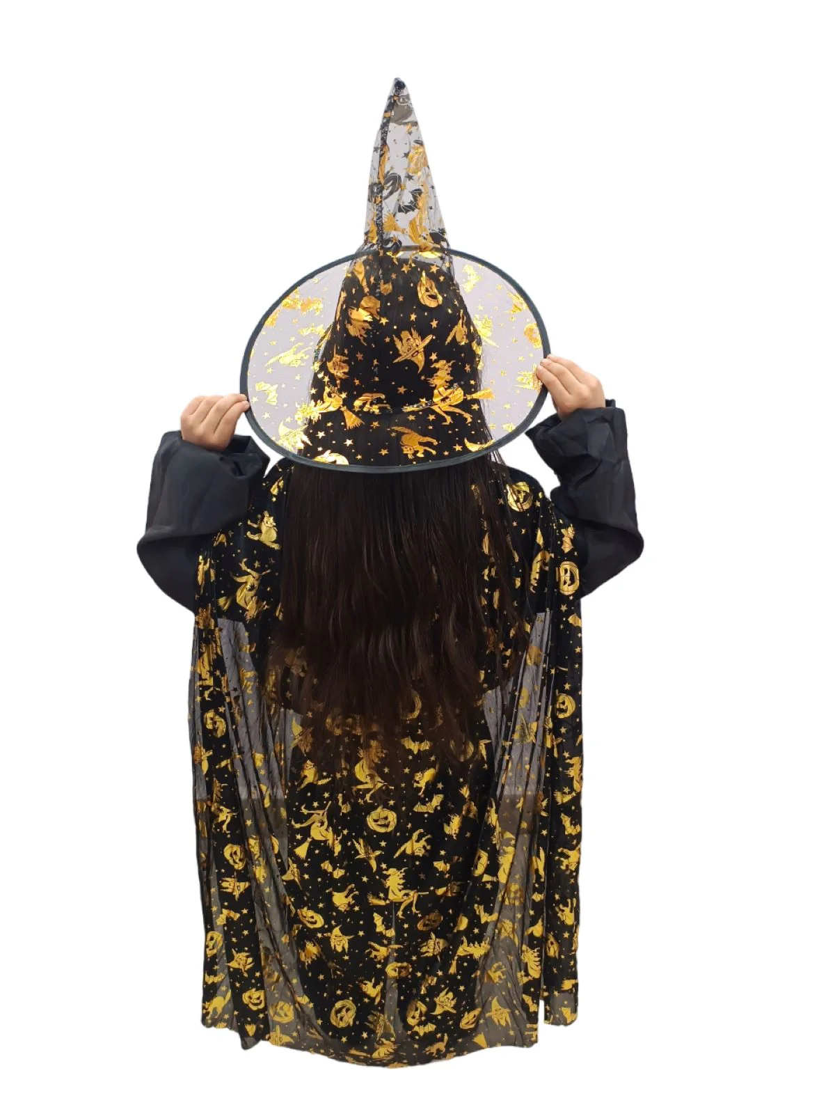 Golden and Black Witch Cape with Hat - Witch Costume for Girls with Printed witch Pumkin Design and Pumpkin Basket Combo | Halloween Costume for Girls - Image 4