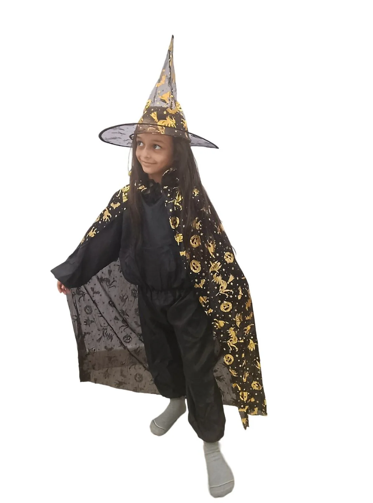 Golden and Black Witch Cape with Hat - Witch Costume for Girls with Printed witch Pumkin Design and Pumpkin Basket Combo | Halloween Costume for Girls - Image 5