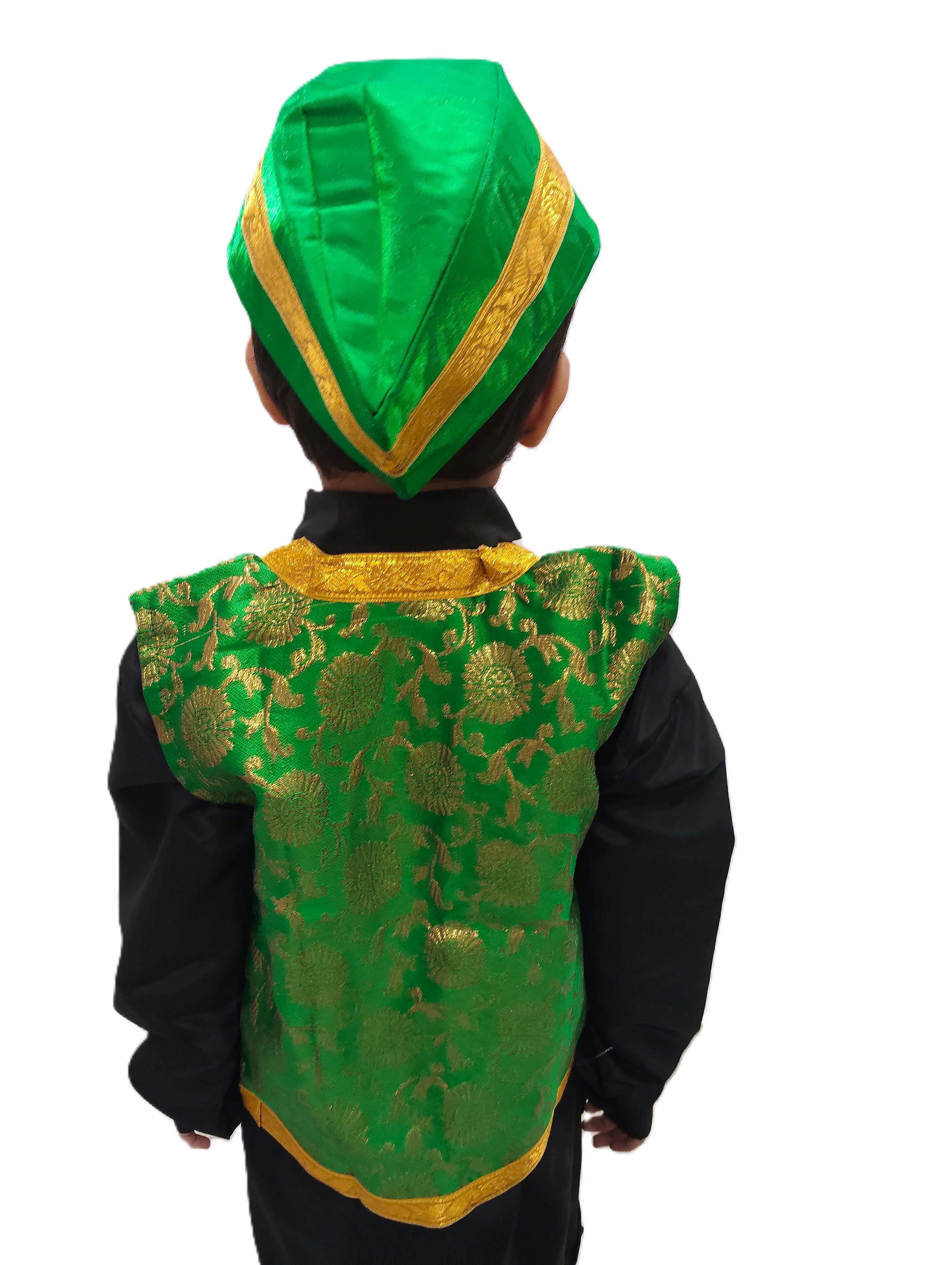 Green Qawwali Jacket & Cap Combo for Kids | Green Embroidered Ethnic Fancy Dress Costume | Sufi Singer Kurta Style Waistcoat & Head Cap for Theme Parties & Stage Shows - Image 3