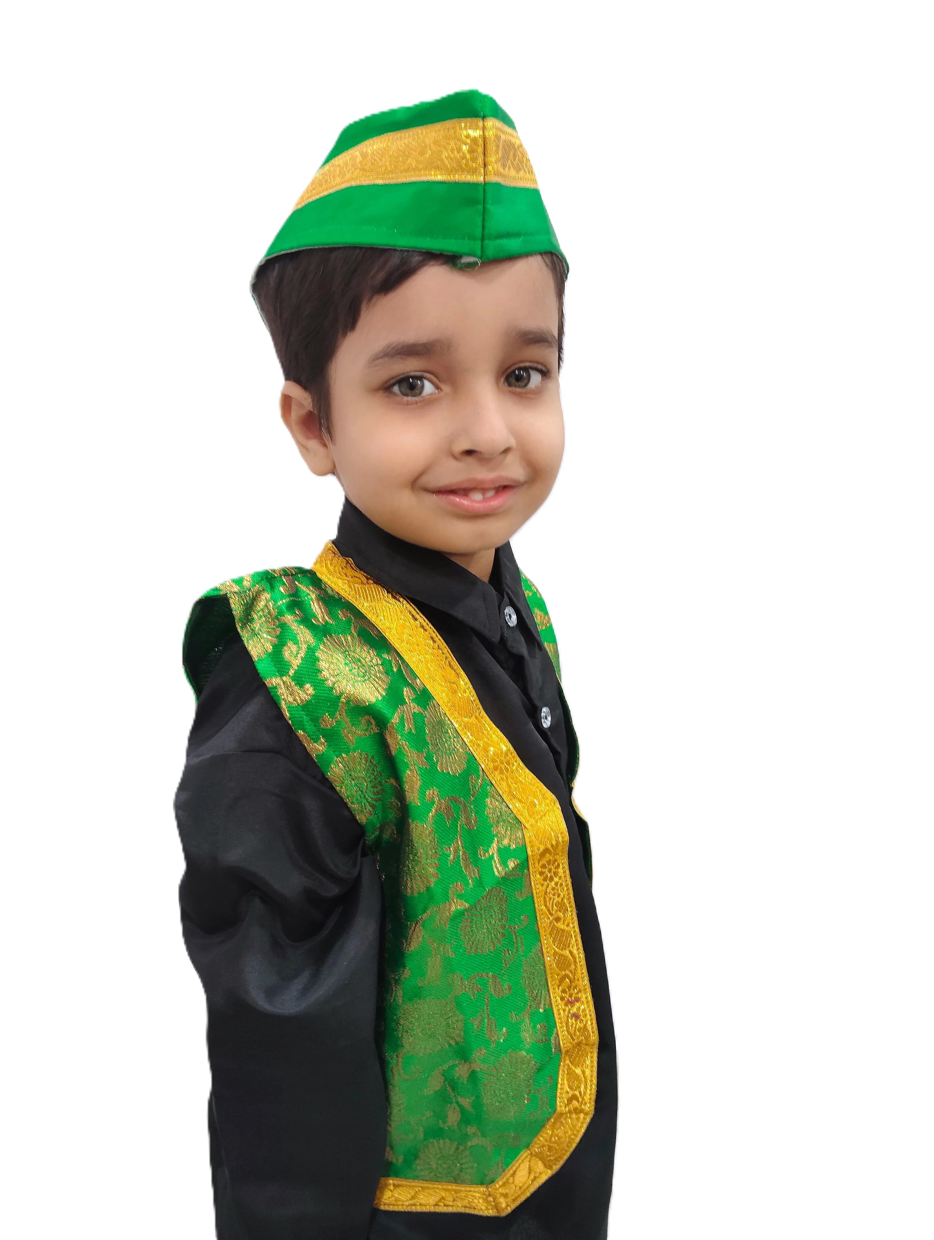 Green Qawwali Jacket & Cap Combo for Kids | Green Embroidered Ethnic Fancy Dress Costume | Sufi Singer Kurta Style Waistcoat & Head Cap for Theme Parties & Stage Shows - Image 4