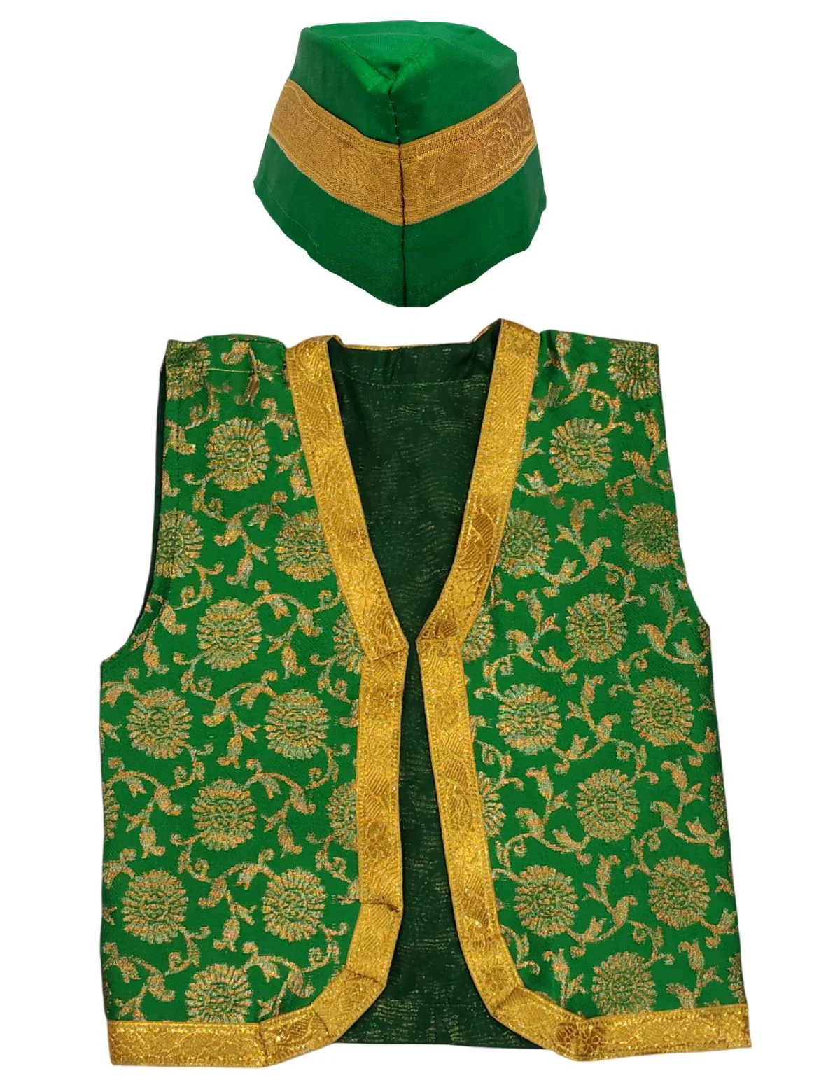 Green Qawwali Jacket & Cap Combo for Kids | Green Embroidered Ethnic Fancy Dress Costume | Sufi Singer Kurta Style Waistcoat & Head Cap for Theme Parties & Stage Shows - Image 5