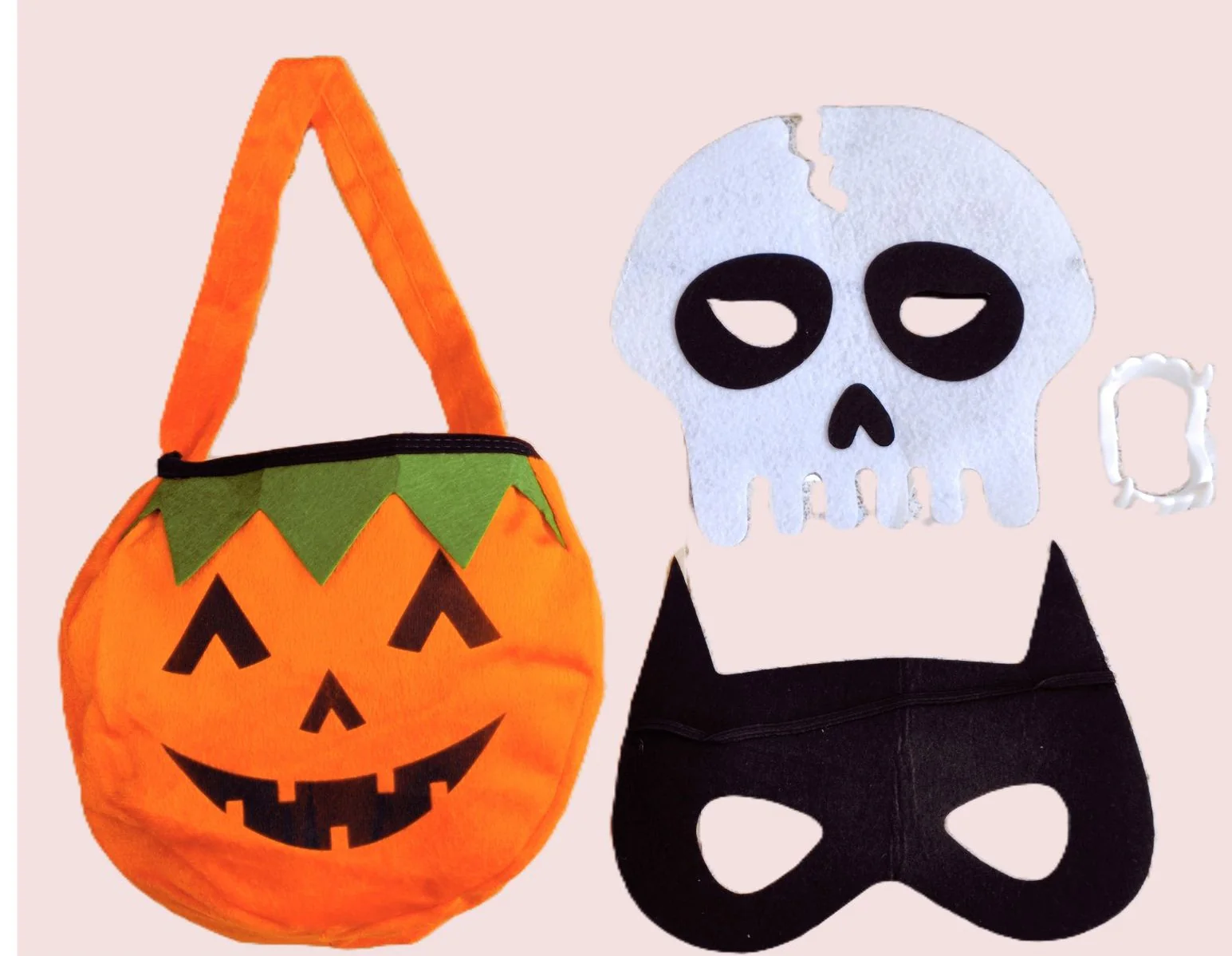 Halloween Accessories Combo - Pumpkin Trick & Treat Candy Basket Cloth with Dracula Teeth & Skeleton Scary Halloween Mask & Black Superhero Mask Halloween Costume Fancy Dress Pack of 4 Accessories - Image 6