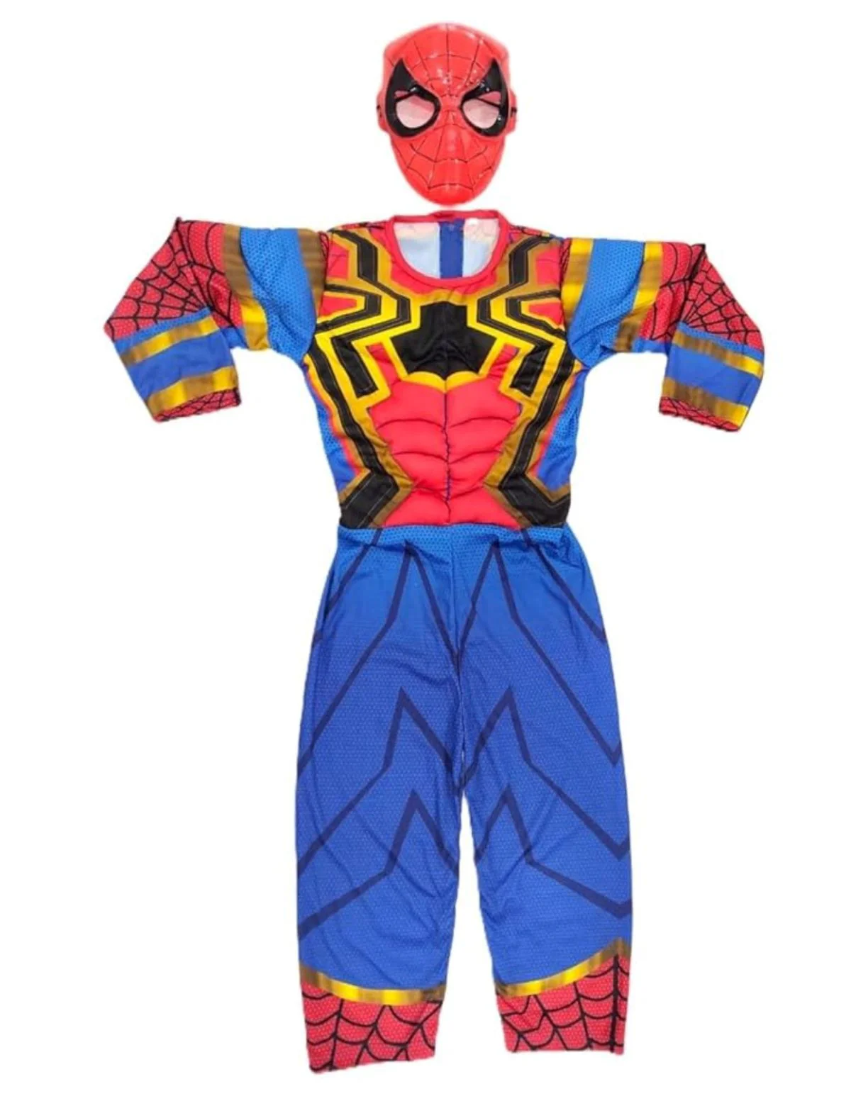 Iron Spidey Metal Print Sublimation Suit - Muscle-Look Superhero Costume with Plastic Face Mask | Red & Blue Golden Superhero Costumes for Kids | Super Hero Costumes for Boys