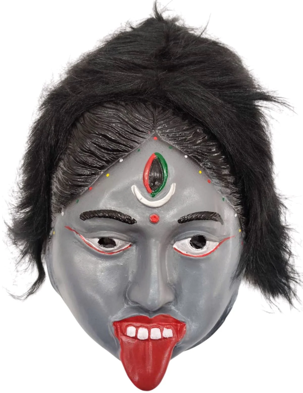 Kali Mata Rubber Mask for Fancy Dress – Grey Color Goddess Face Mask with Attached Hair | Religious Role Play Mask for Kids & Adults | Kali Devi Costume Accessory