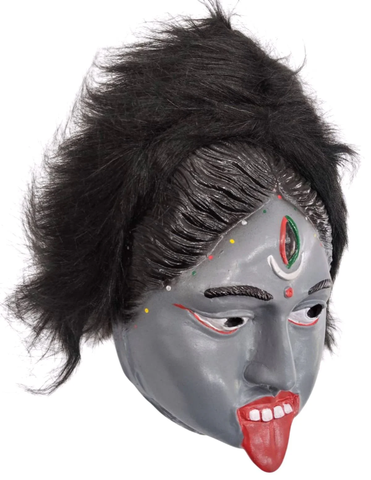 Kali Mata Rubber Mask for Fancy Dress – Grey Color Goddess Face Mask with Attached Hair | Religious Role Play Mask for Kids & Adults | Kali Devi Costume Accessory - Image 2