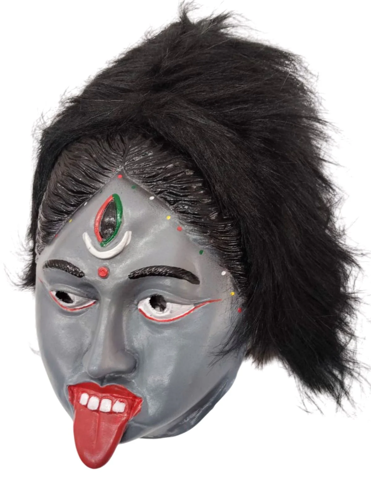 Kali Mata Rubber Mask for Fancy Dress – Grey Color Goddess Face Mask with Attached Hair | Religious Role Play Mask for Kids & Adults | Kali Devi Costume Accessory - Image 3