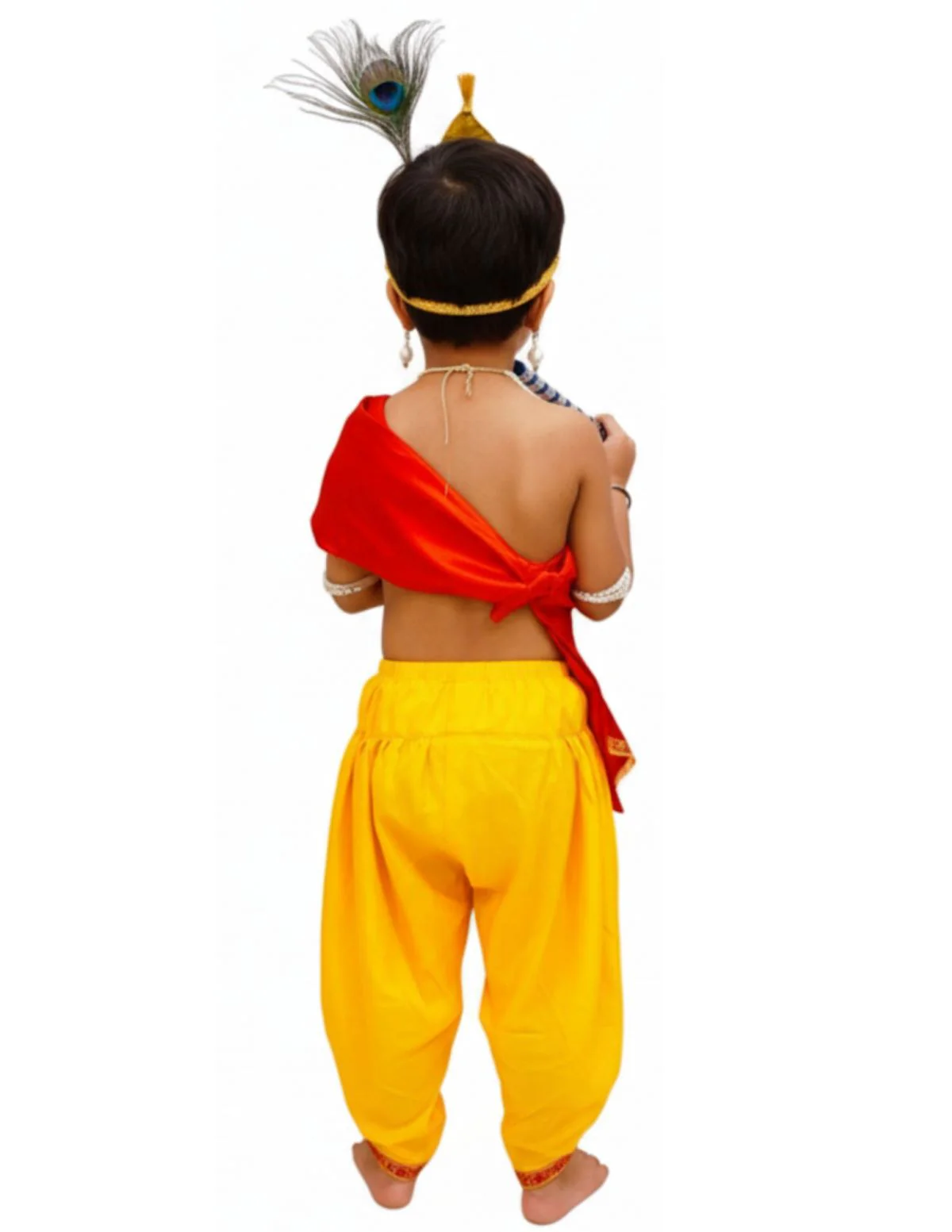 Krishna Yellow Costume Dhoti & Red Patka with Light Pearl Jewellery and Mukut Set - Janmashtami Dress Costume for Baby Kanha Laddu Gopal - Boys & Girls - Image 3