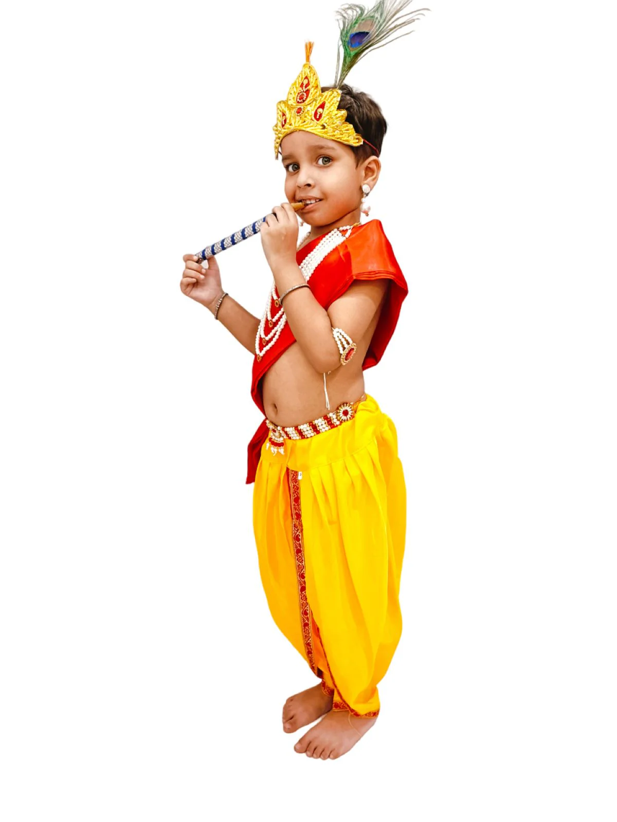 Krishna Yellow Costume Dhoti & Red Patka with Light Pearl Jewellery and Mukut Set - Janmashtami Dress Costume for Baby Kanha Laddu Gopal - Boys & Girls - Image 5
