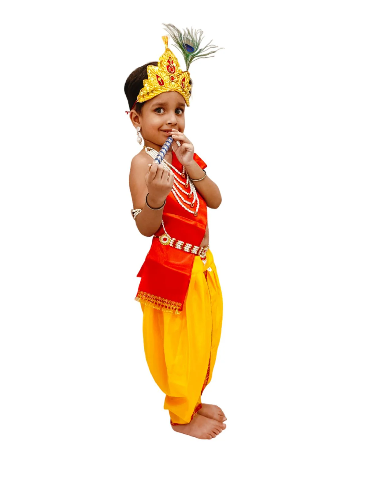 Krishna Yellow Costume Dhoti & Red Patka with Light Pearl Jewellery and Mukut Set - Janmashtami Dress Costume for Baby Kanha Laddu Gopal - Boys & Girls - Image 6