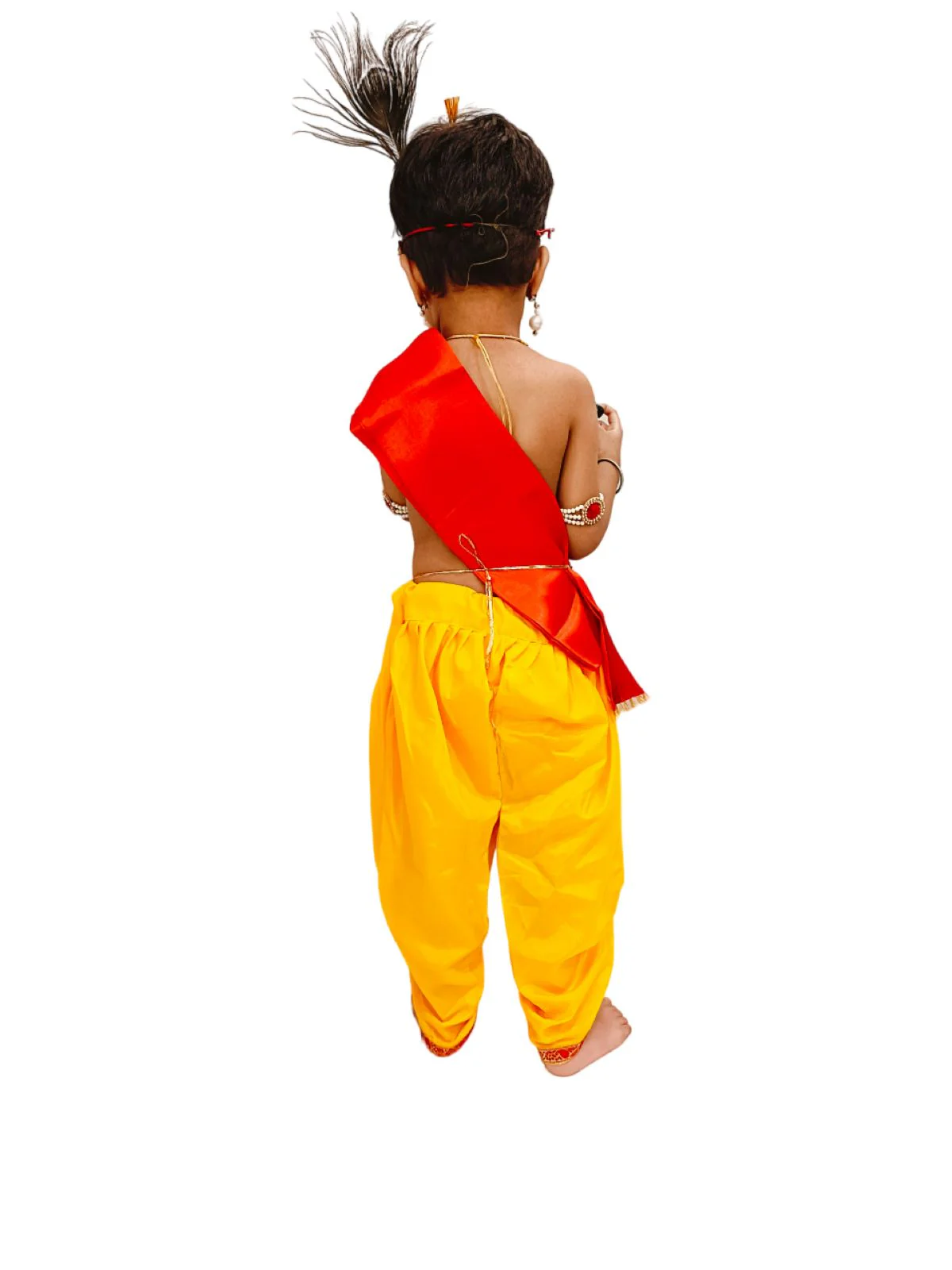 Krishna Yellow Costume Dhoti & Red Patka with Light Pearl Jewellery and Mukut Set - Janmashtami Dress Costume for Baby Kanha Laddu Gopal - Boys & Girls - Image 7