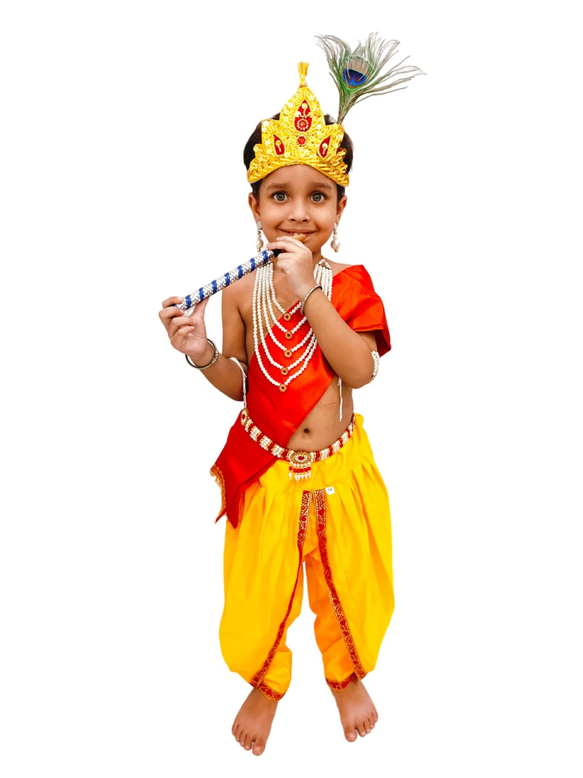Krishna Yellow Costume Dhoti & Red Patka with Light Pearl Jewellery and Mukut Set - Janmashtami Dress Costume for Baby Kanha Laddu Gopal - Boys & Girls - Image 8