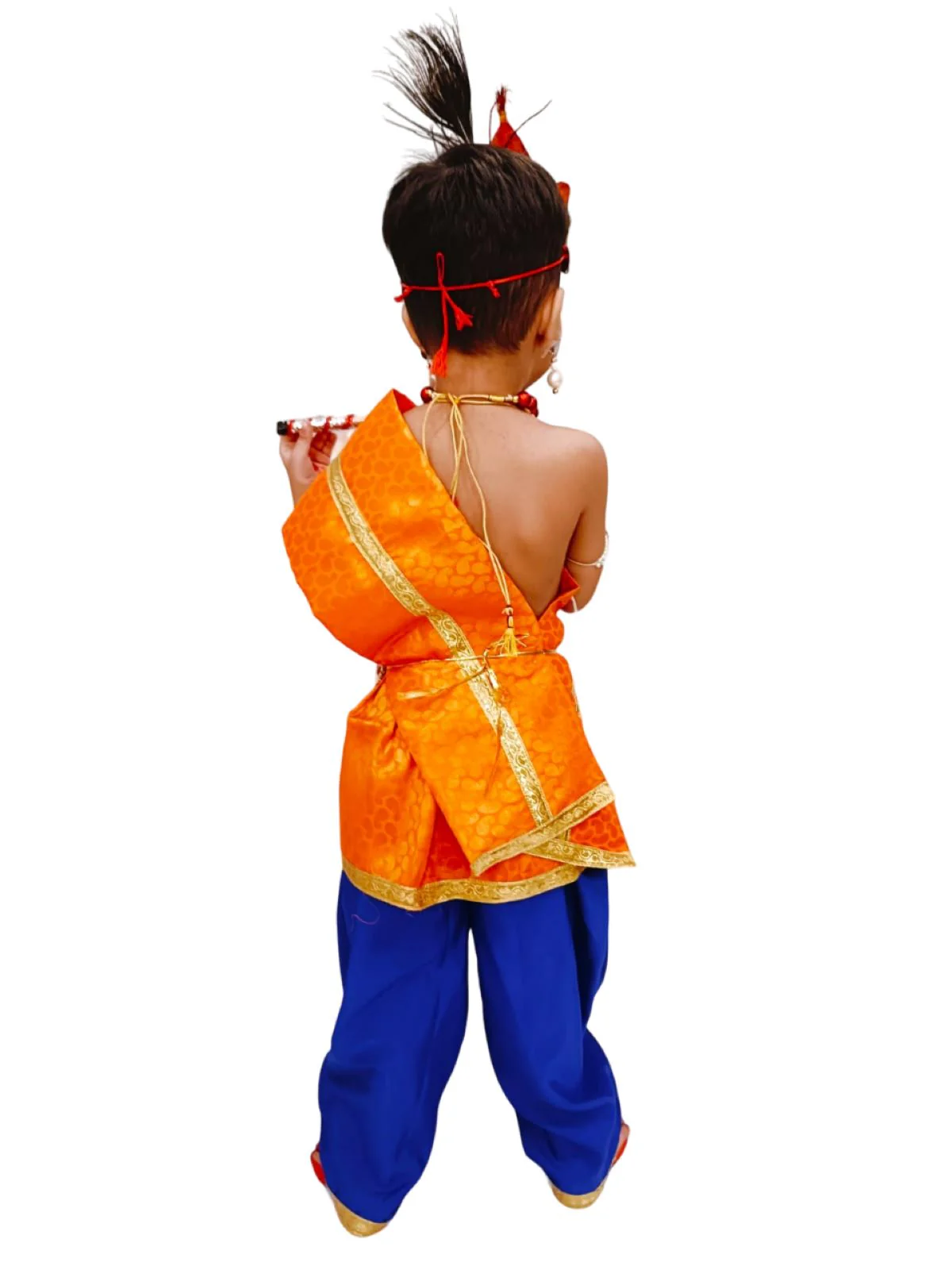Krishna Costume with Heavy Jewellery and Mukut Set - Janmashtami Premium Dress for Baby Kanha Boys & Girls - Blue & Orange - Image 3