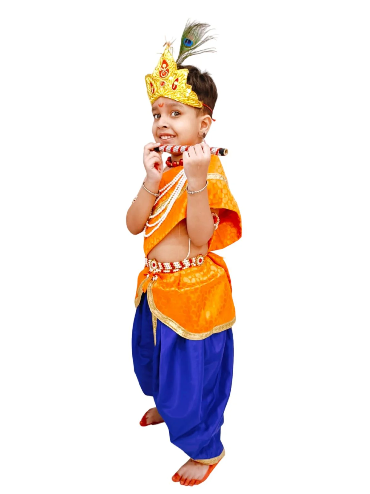 Krishna Costume with Heavy Jewellery and Mukut Set - Janmashtami Premium Dress for Baby Kanha Boys & Girls - Blue & Orange - Image 4