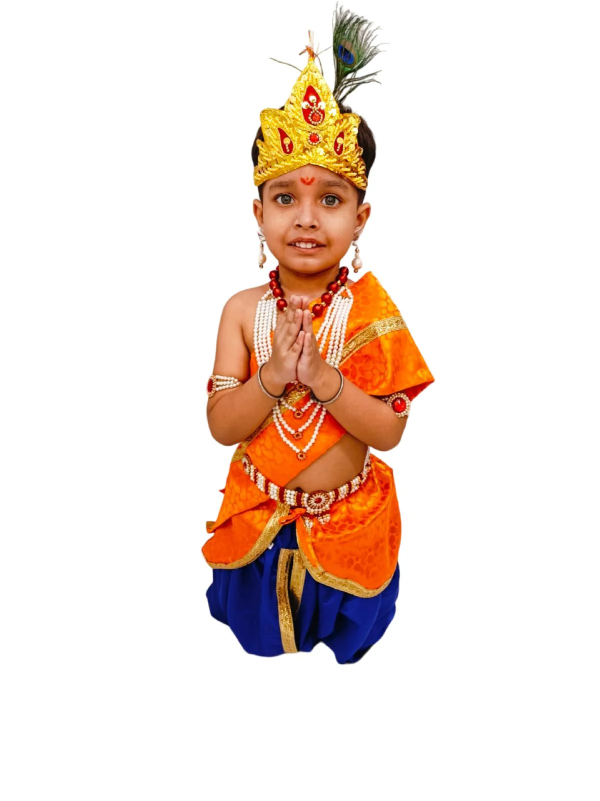 Krishna Costume with Heavy Jewellery and Mukut Set - Janmashtami Premium Dress for Baby Kanha Boys & Girls - Blue & Orange - Image 5