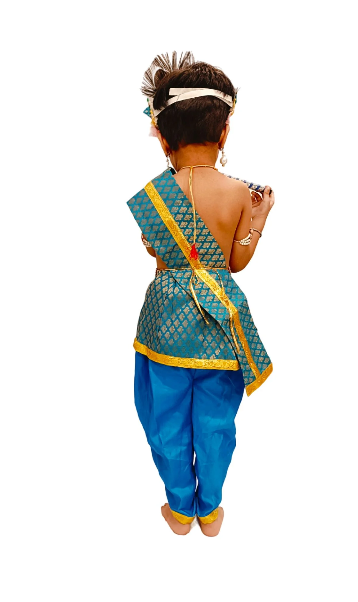 Krishna Costume with Heavy Jewellery and Pagdi and Brocade - Janmashtami Complete Premium Dress for Baby Kanha Boys & Girls - Light Blue - Image 3