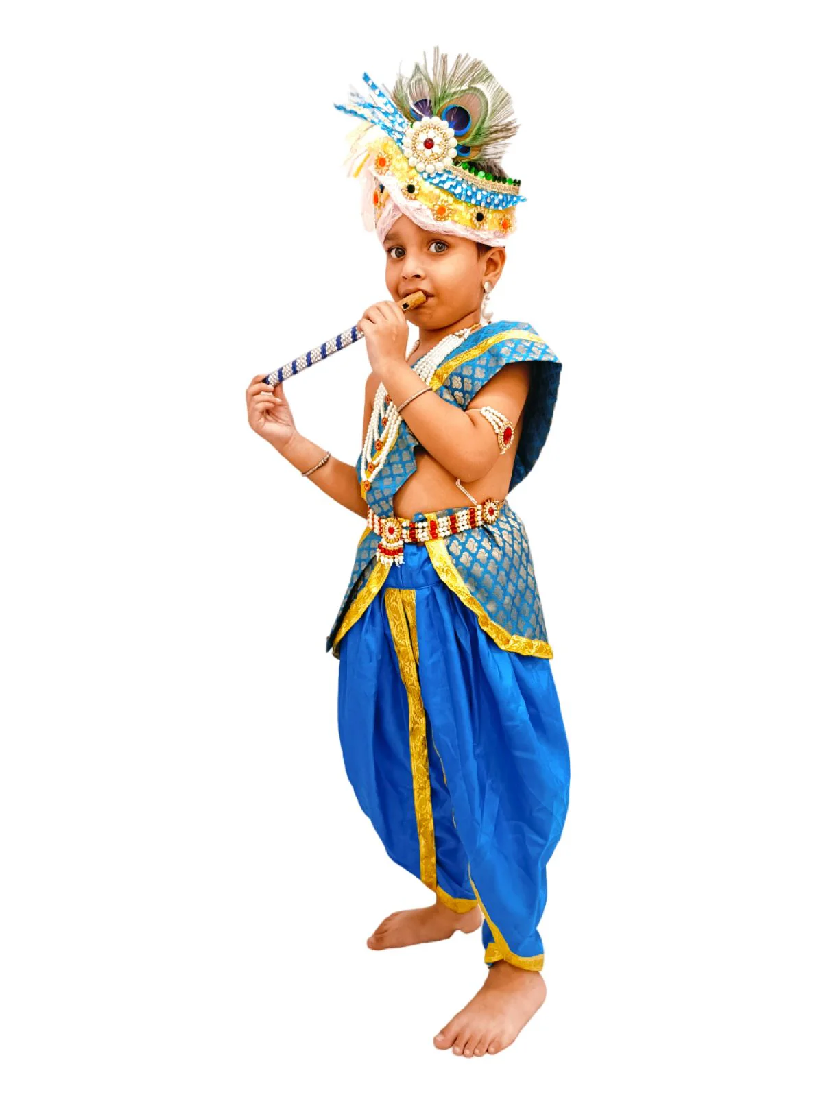 Krishna Costume with Heavy Jewellery and Pagdi and Brocade - Janmashtami Complete Premium Dress for Baby Kanha Boys & Girls - Light Blue - Image 4