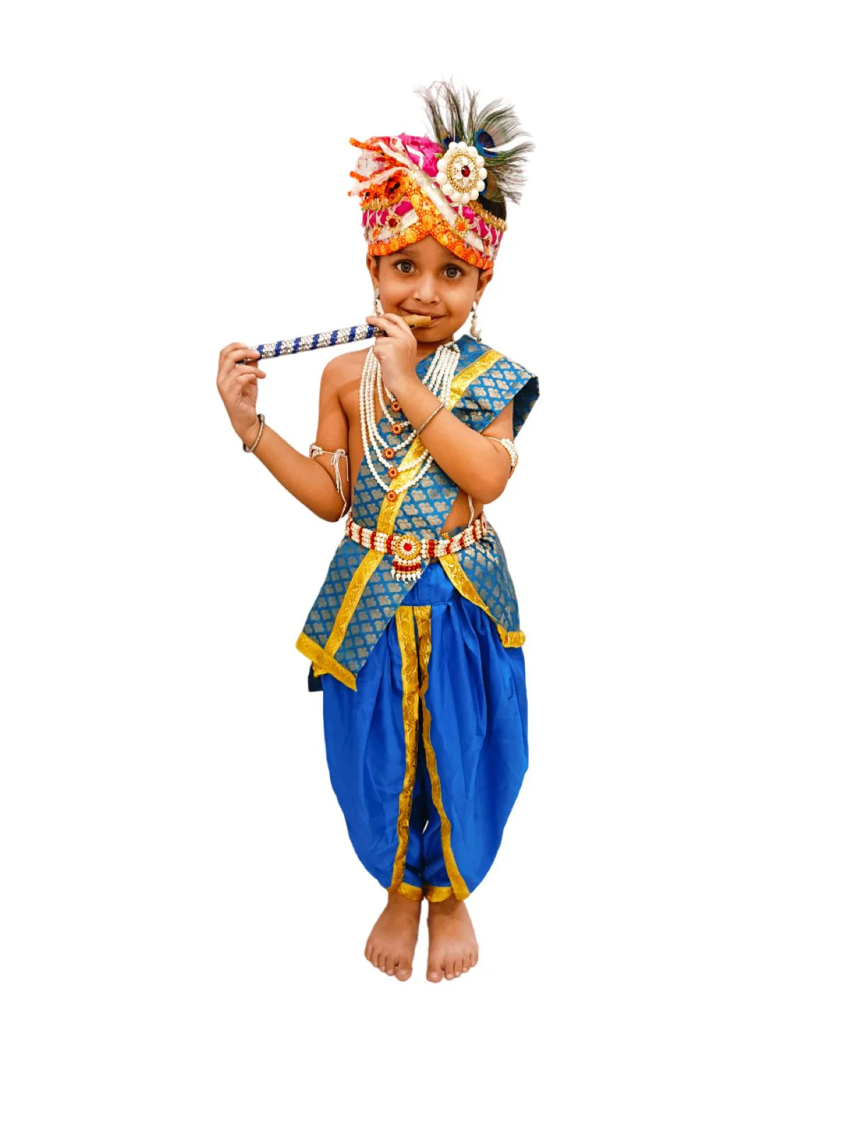 Krishna Costume with Heavy Jewellery and Pagdi and Brocade - Janmashtami Complete Premium Dress for Baby Kanha Boys & Girls - Light Blue - Image 5