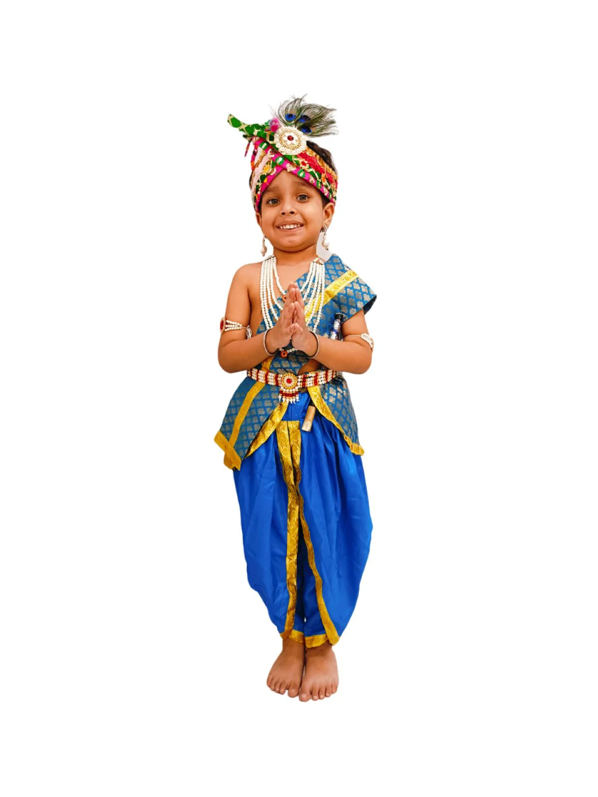 Krishna Costume with Heavy Jewellery and Pagdi and Brocade - Janmashtami Complete Premium Dress for Baby Kanha Boys & Girls - Light Blue - Image 6