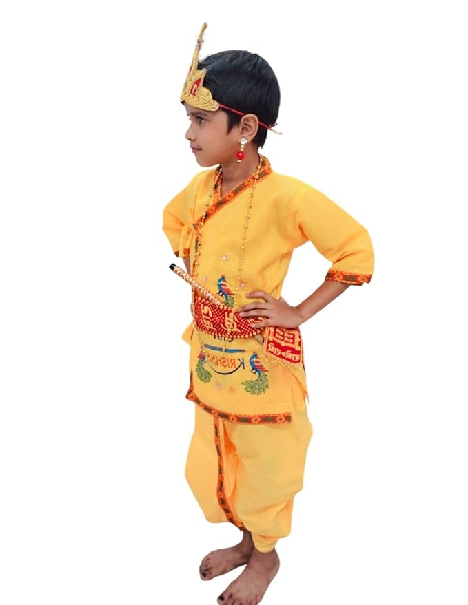 Krishna Dress for Baby Boy | Print Shri Krishna Costume for Kids with Patka, Flute, Mukut & Mala | Janmashtami Photoshoot Outfit | Fancy Dress RolePlay Costume for Kids - Image 12