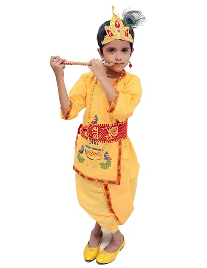 Krishna Dress for Baby Boy | Print Shri Krishna Costume for Kids with Patka, Flute, Mukut & Mala | Janmashtami Photoshoot Outfit | Fancy Dress RolePlay Costume for Kids - Image 9