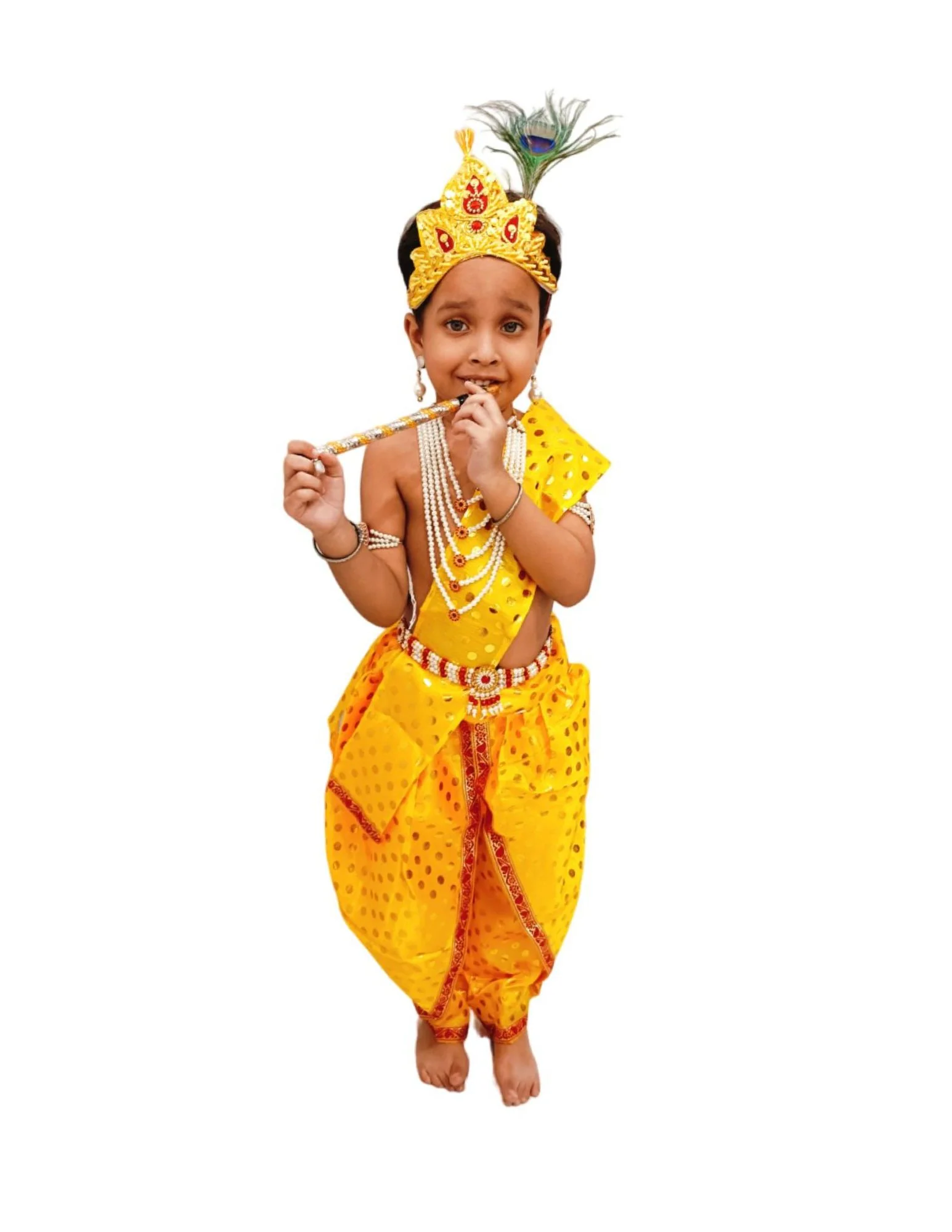 Krishna Yellow Polka Dot Costume Dhoti Patka with Heavy Pearl Jewellery and Mukut Set - Janmashtami Dress Costume for Baby Kanha - Boys & Girls - Image 5