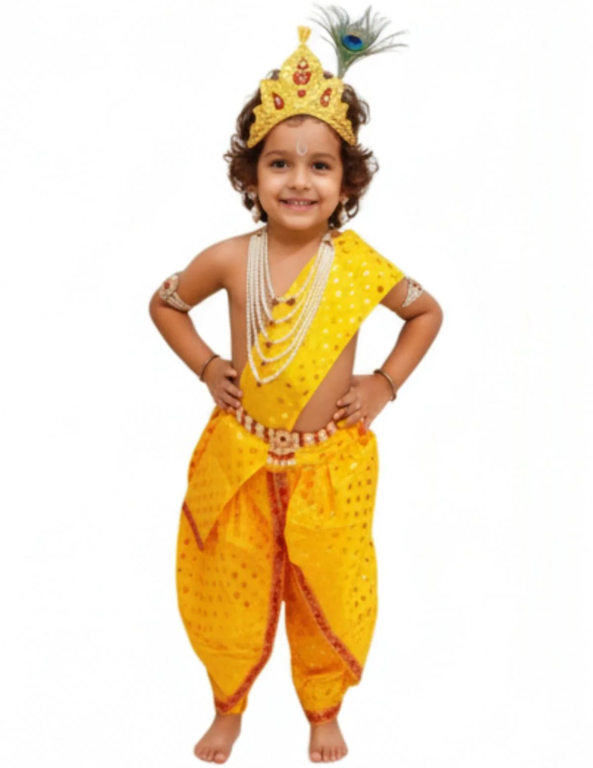 Krishna Yellow Polka Dot Costume Dhoti Patka with Heavy Pearl Jewellery and Mukut Set - Janmashtami Dress Costume for Baby Kanha - Boys & Girls - Image 6