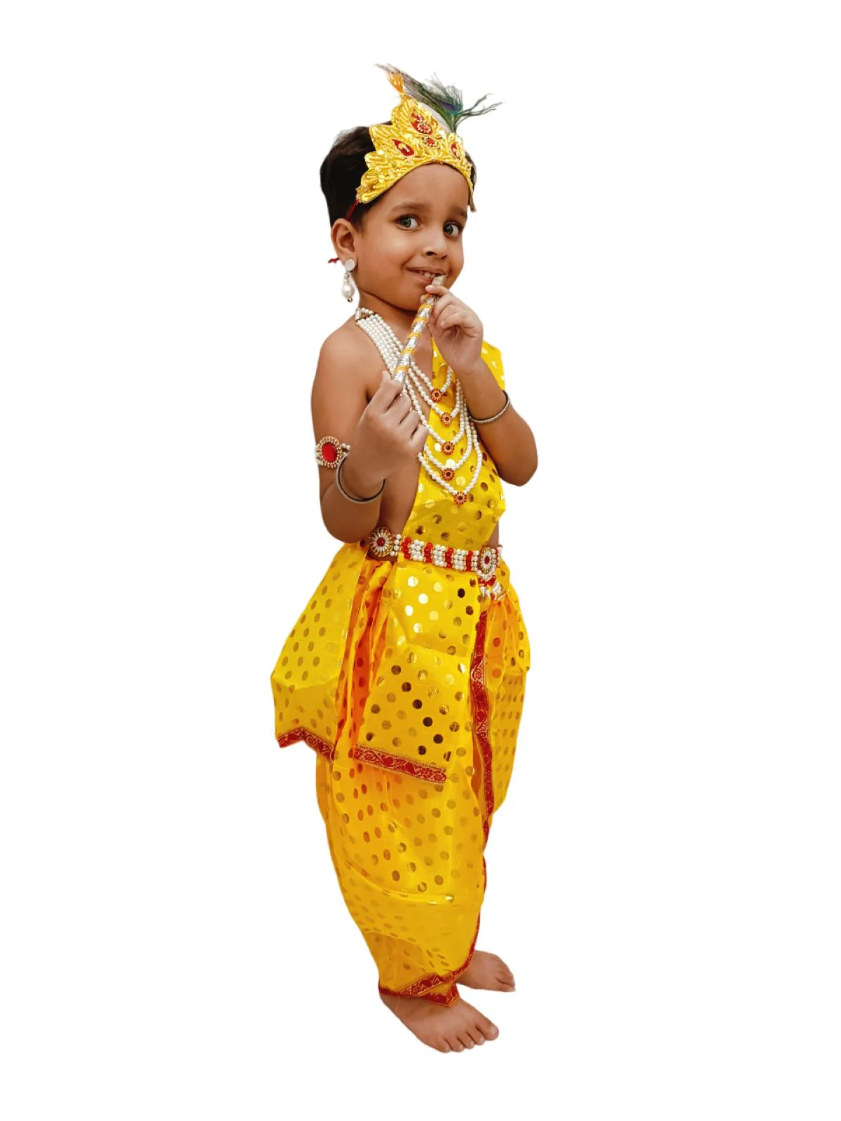 Krishna Yellow Polka Dot Costume Dhoti Patka with Heavy Pearl Jewellery and Mukut Set - Janmashtami Dress Costume for Baby Kanha - Boys & Girls - Image 7