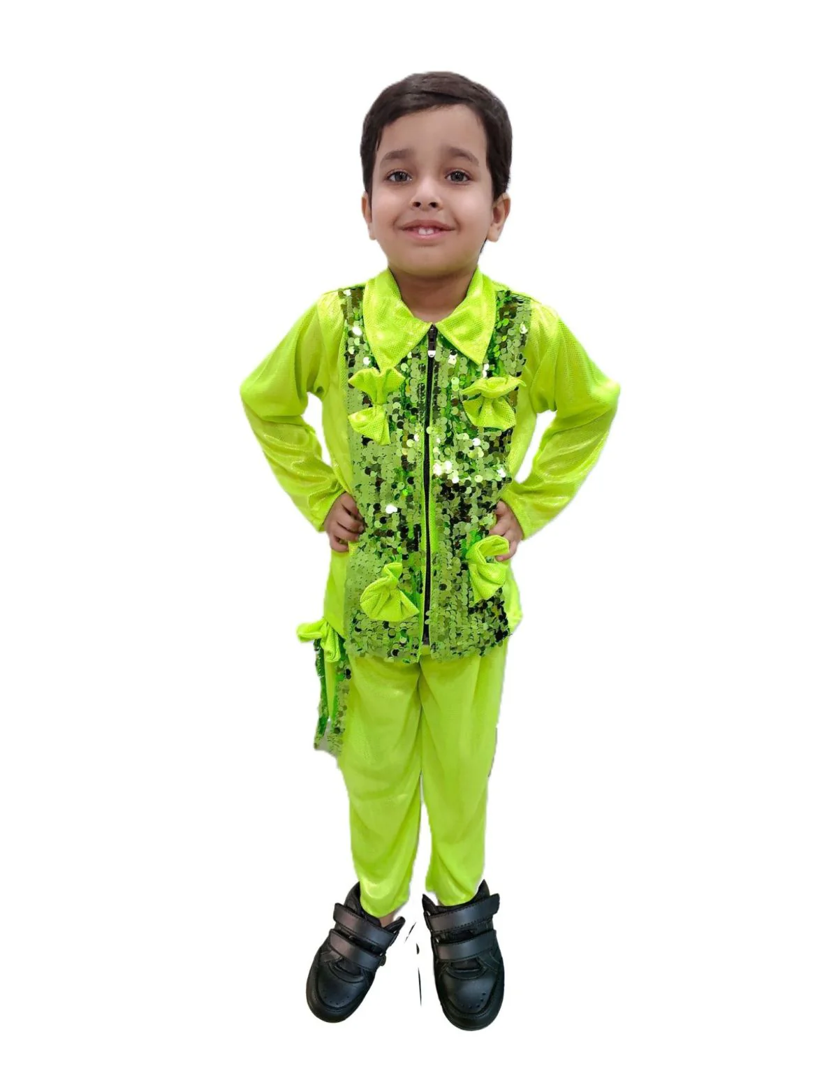 Light Green Western Dance Costume for Boys | Full Sleeves Sequin Collared Shirt with Matching Pants | Nylon & Sequence Dance Costume for Boys | Stylish Fancy Dress for Kids