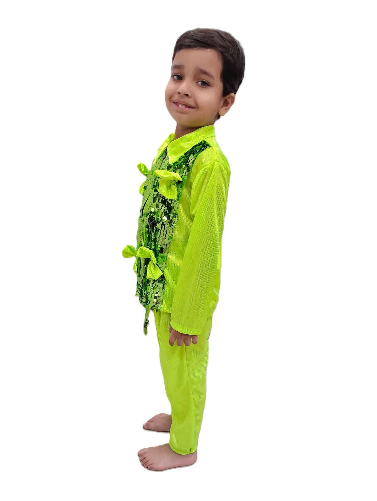 Light Green Western Dance Costume for Boys | Full Sleeves Sequin Collared Shirt with Matching Pants | Nylon & Sequence Dance Costume for Boys | Stylish Fancy Dress for Kids - Image 2