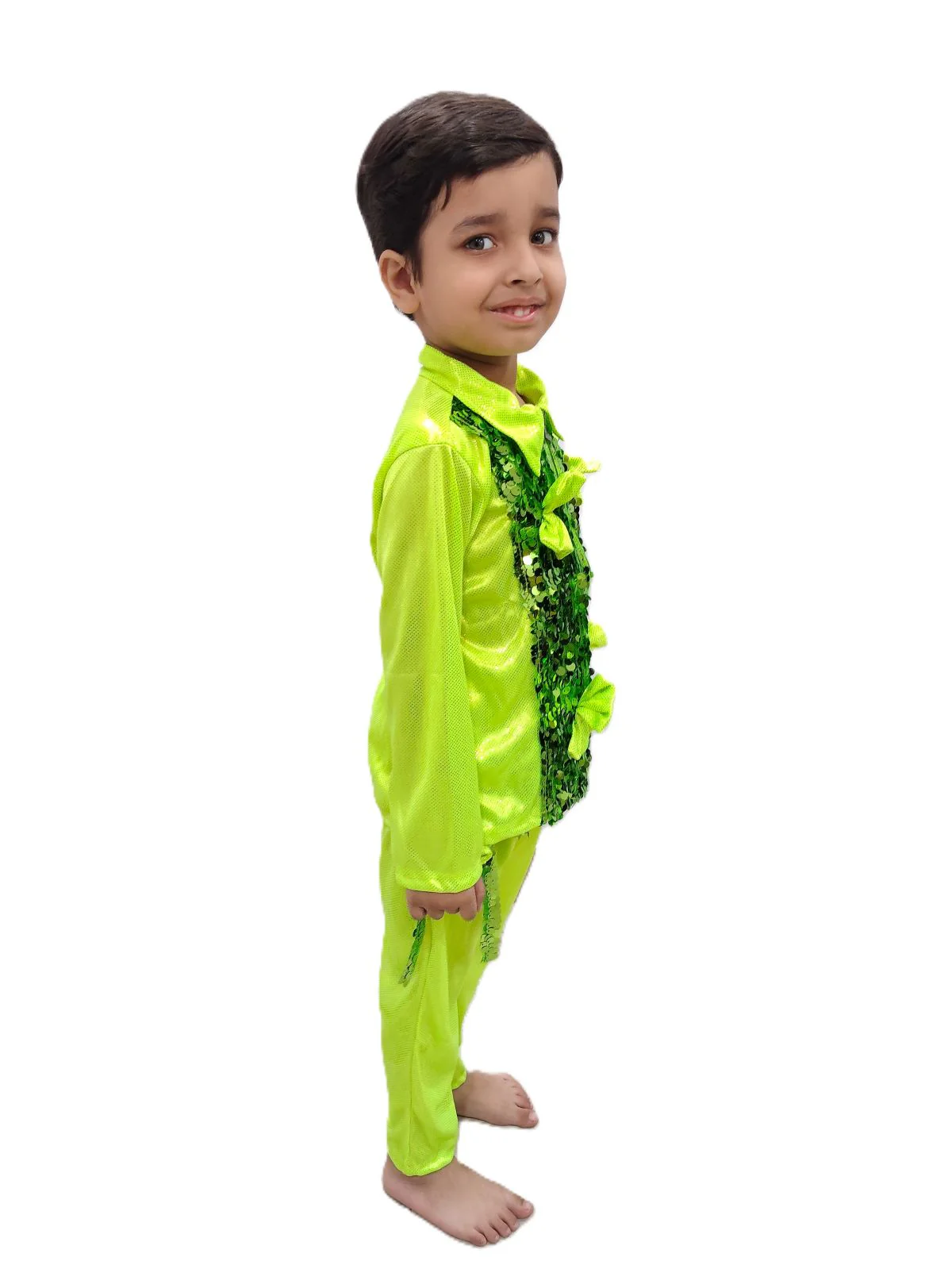 Light Green Western Dance Costume for Boys | Full Sleeves Sequin Collared Shirt with Matching Pants | Nylon & Sequence Dance Costume for Boys | Stylish Fancy Dress for Kids - Image 3