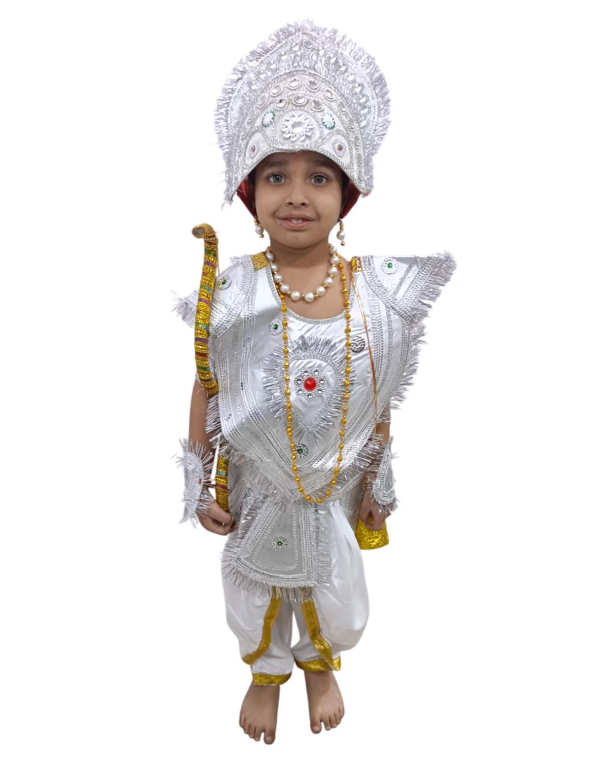 Mahabharat Warrior Costume for Kids – Arjun / Bhishma Pitamah Look with Silver Chest Armor & Accessory Set | Indian Mythological Fancy Dress for School & Cultural Events - Image 9