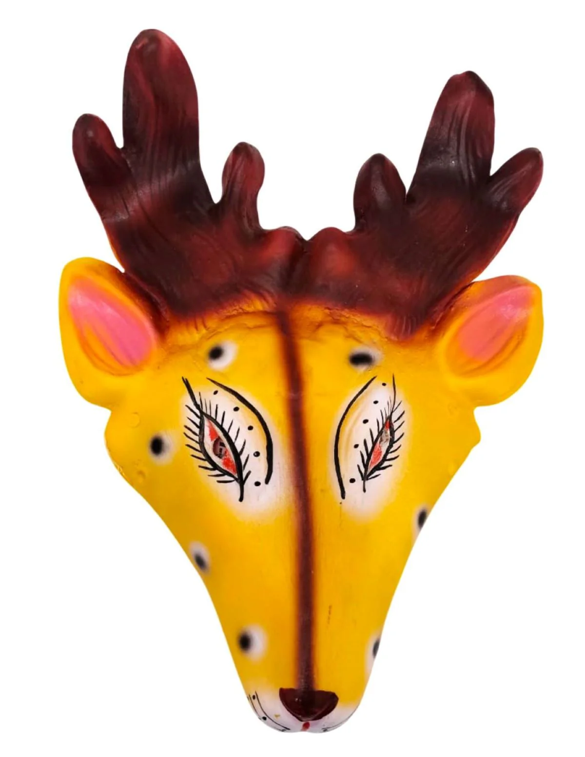 Mrig (Deer) Rubber Mask – Yellow & Brown Hand-Painted Folk Mask with Antlers | Ramayana Character for Festivals, Plays & Decor